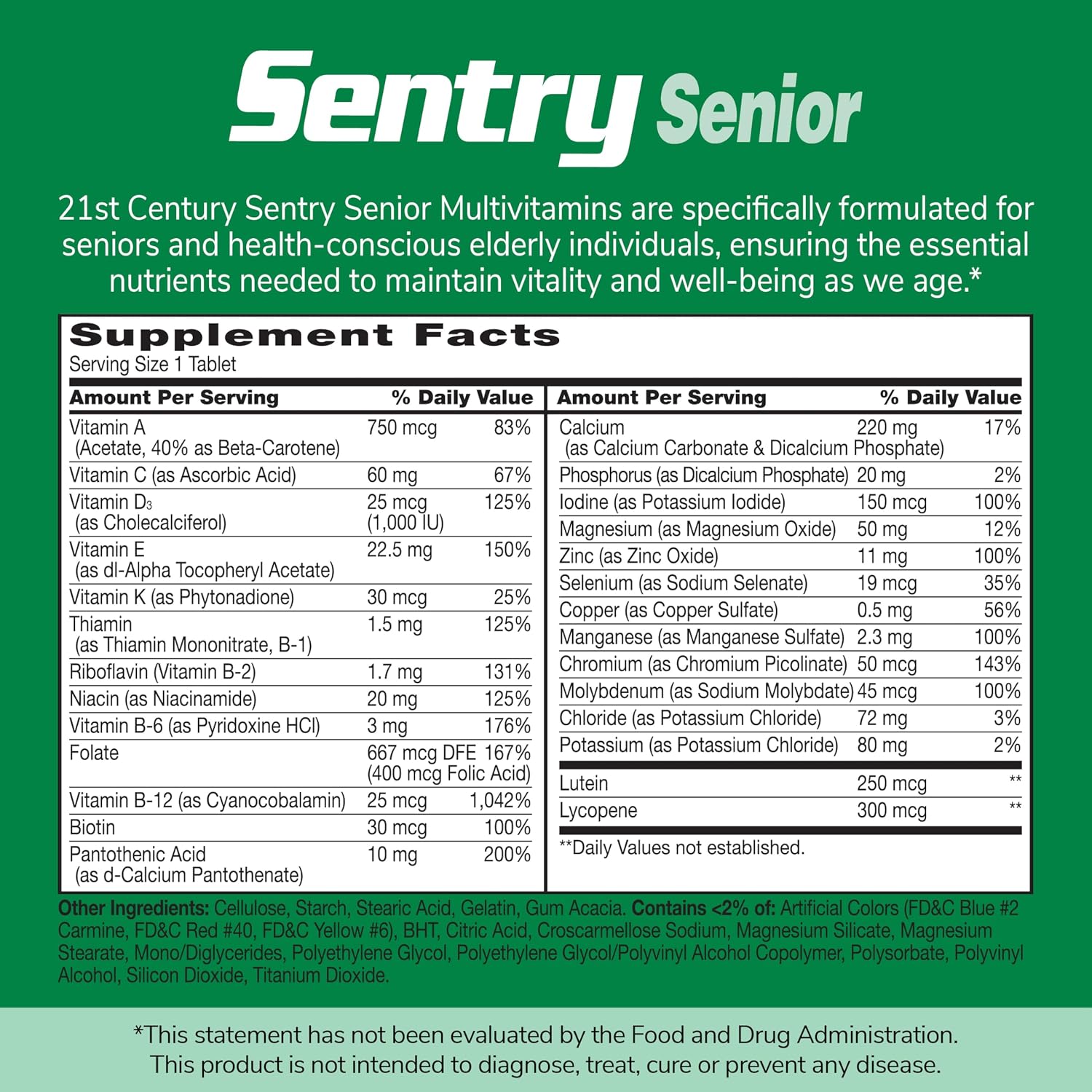 21st Century Sentry Senior Multivitamin for Adults 50+ – Heart, Eye & Bone Health Support, Non-GMO, Gluten-Free, 265 Tablets