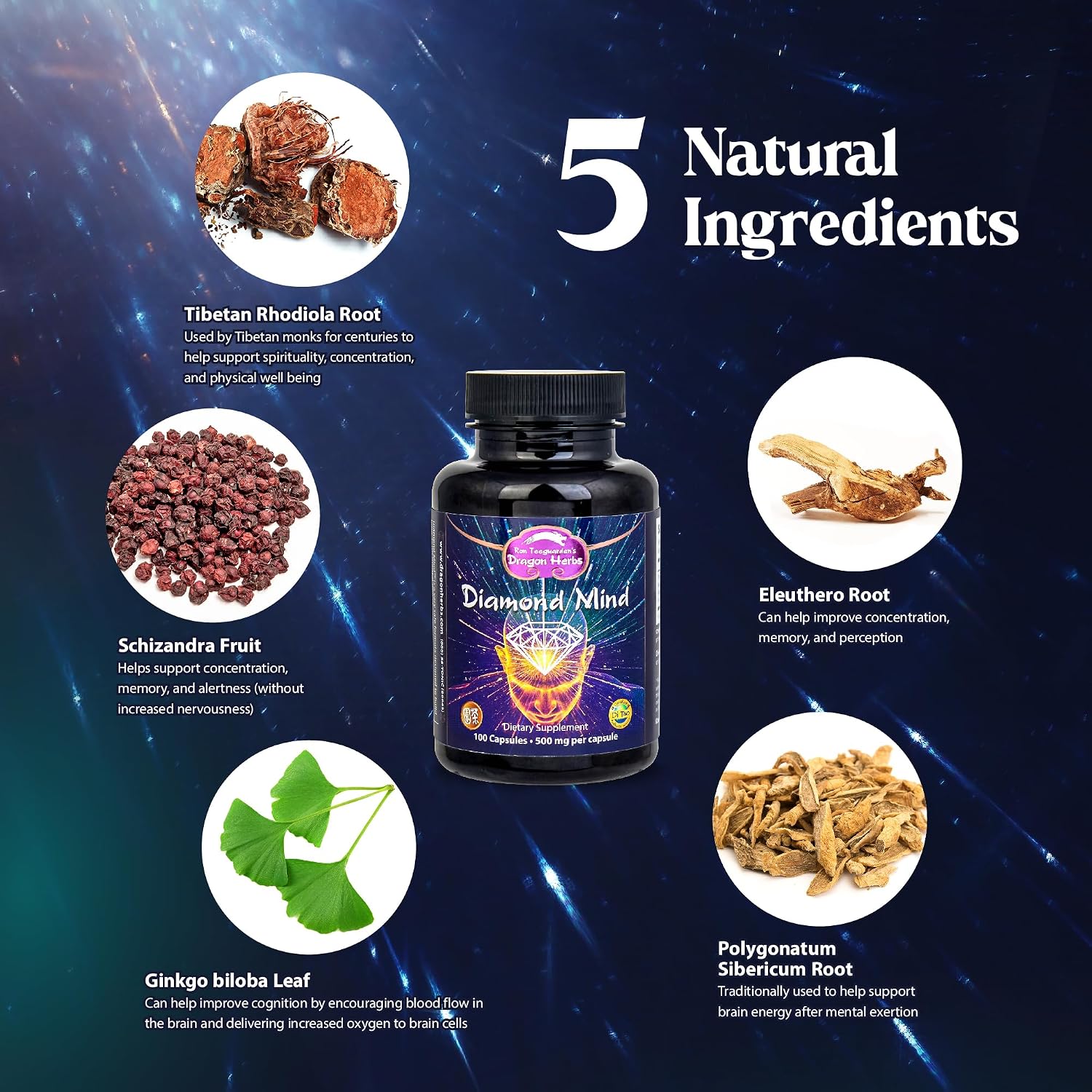 Dragon Herbs Diamond Mind – Plant-Based Brain & Memory Support with Ginkgo, Schizandra & Eleuthero (100 Capsules)