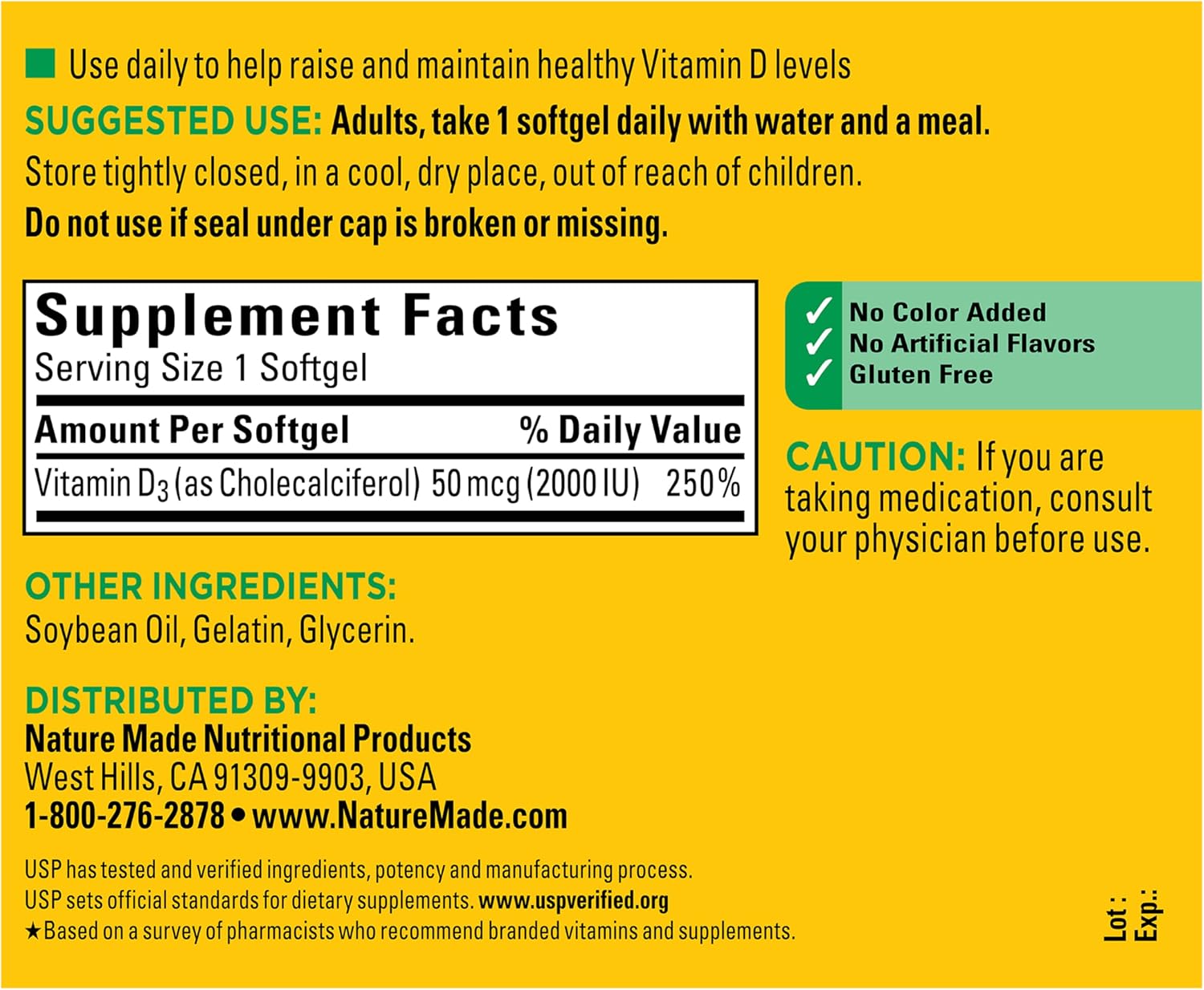 Nature Made Vitamin D3 2000 IU (50 mcg), 250 Softgels