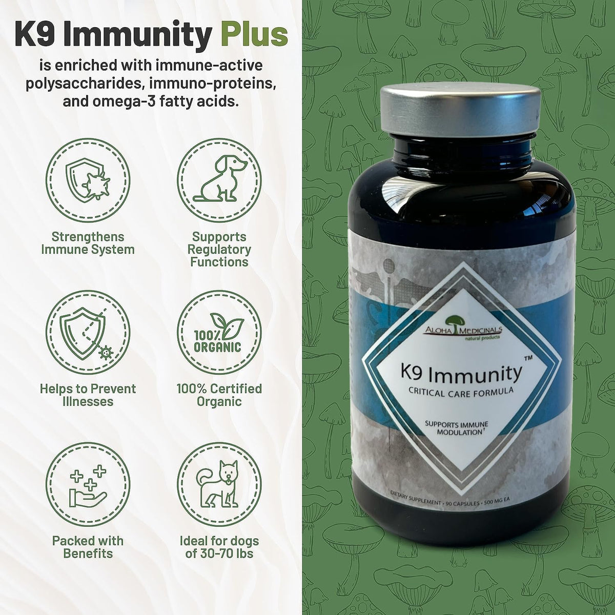 Aloha Medicinals K9 Immunity, Immune Support Supplement for Dogs, Organic Mushroom Blend, 90 Capsules - görsel 2