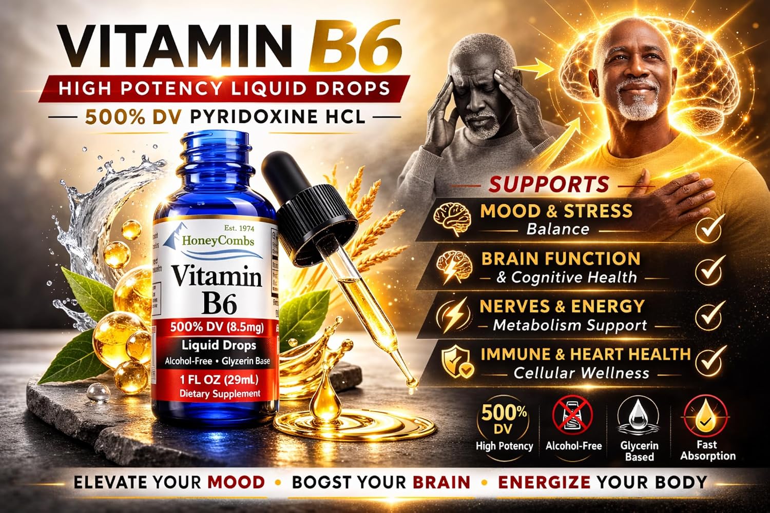 Vitamin B6 Liquid Drops, Pyridoxine HCl Supplement, 30 mL | High Potency Energy Metabolism Support