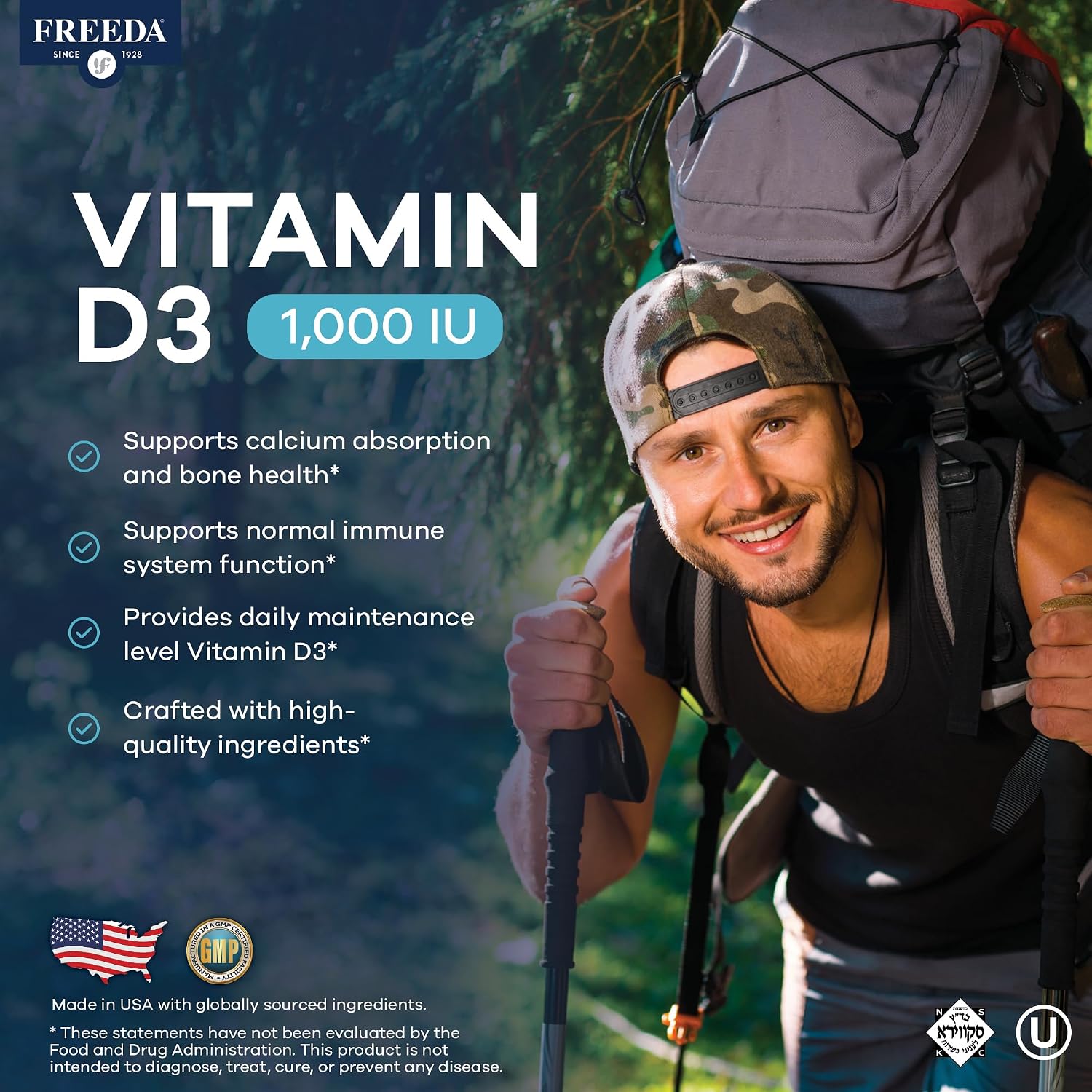 FREEDA Vitamin D3 1000 IU – Pure High Potency Kosher Supplement Tablets for Bone, Muscle, and Immune Support – 100 Count