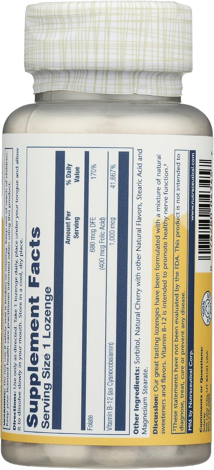 SOLARAY Vitamin B-12 1000mcg Lozenges with Folic Acid - Natural Cherry Flavour