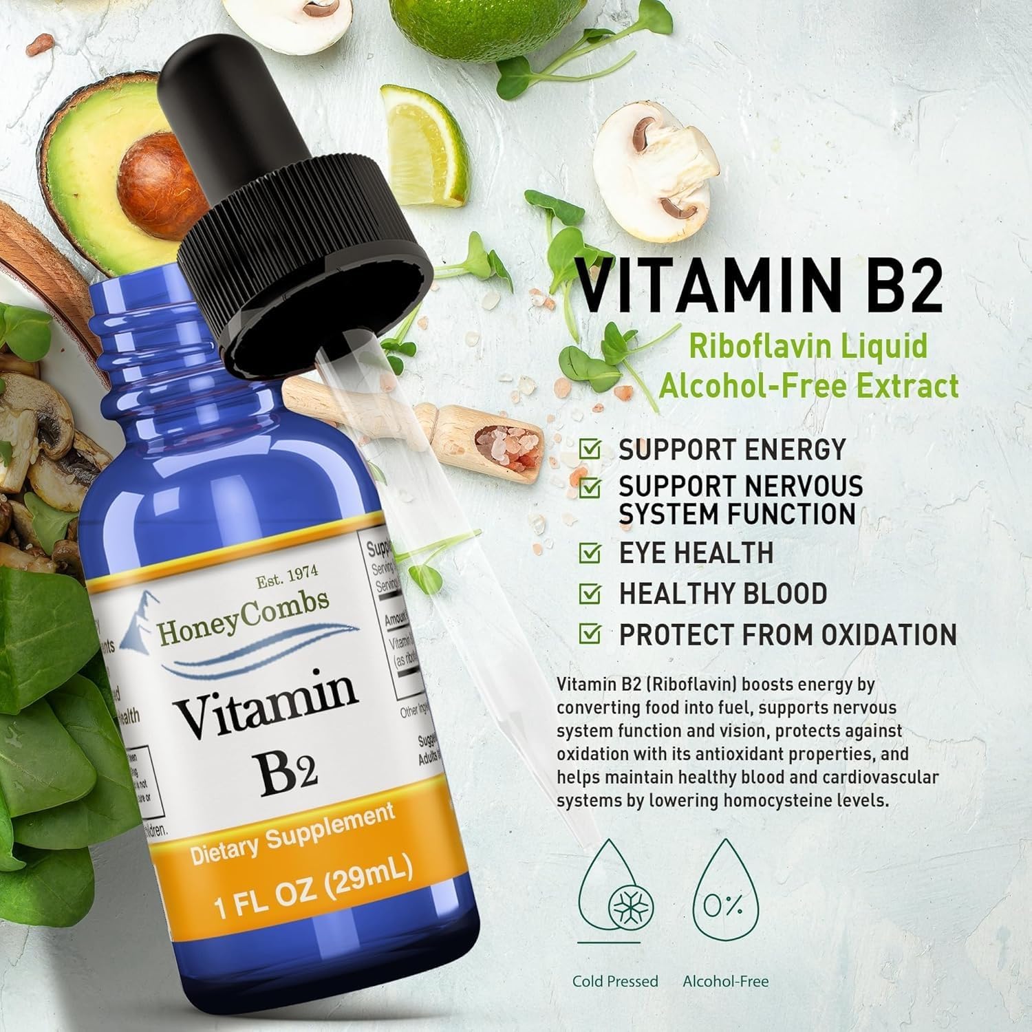 HoneyCombs Vitamin B2 Liquid Drops – High Potency Riboflavin Supplement – Alcohol Free, Vegan – 1 fl oz (30 mL)