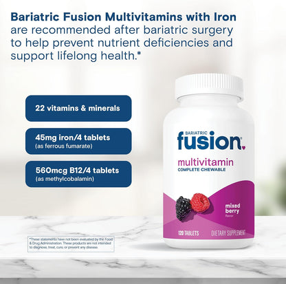 Bariatric Fusion Complete Chewable Multivitamin with Iron - Mixed Berry - 120 Tablets (1 Month Supply)