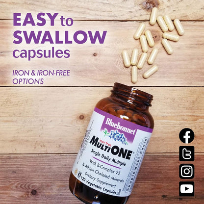 Bluebonnet Multi One (Iron Free) – Complete Full Spectrum Multivitamin, 120 Vegetable Capsules