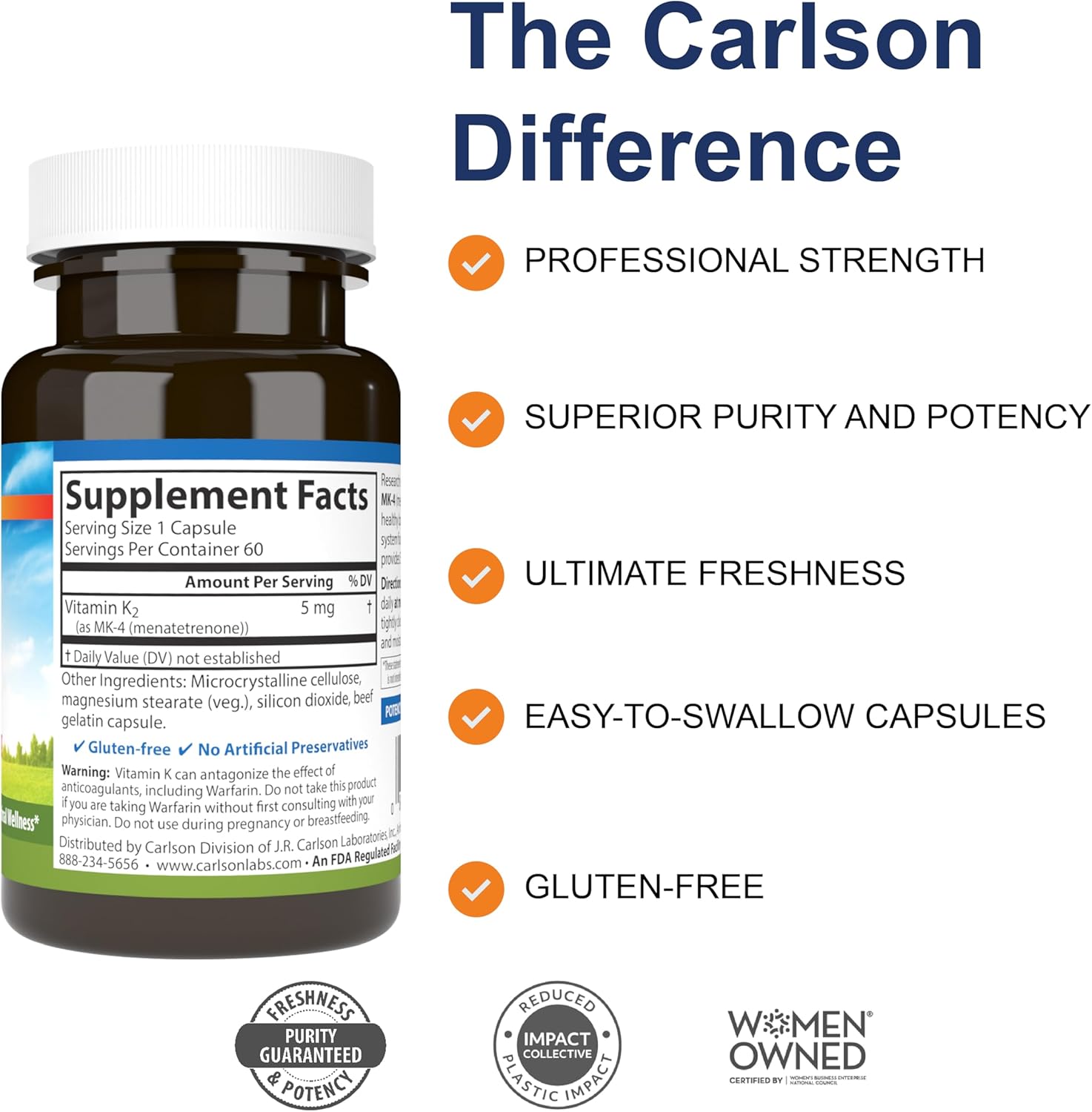 Carlson Vitamin K2, MK-4 (Menatetrenone) – 5 mg, 60 Capsules