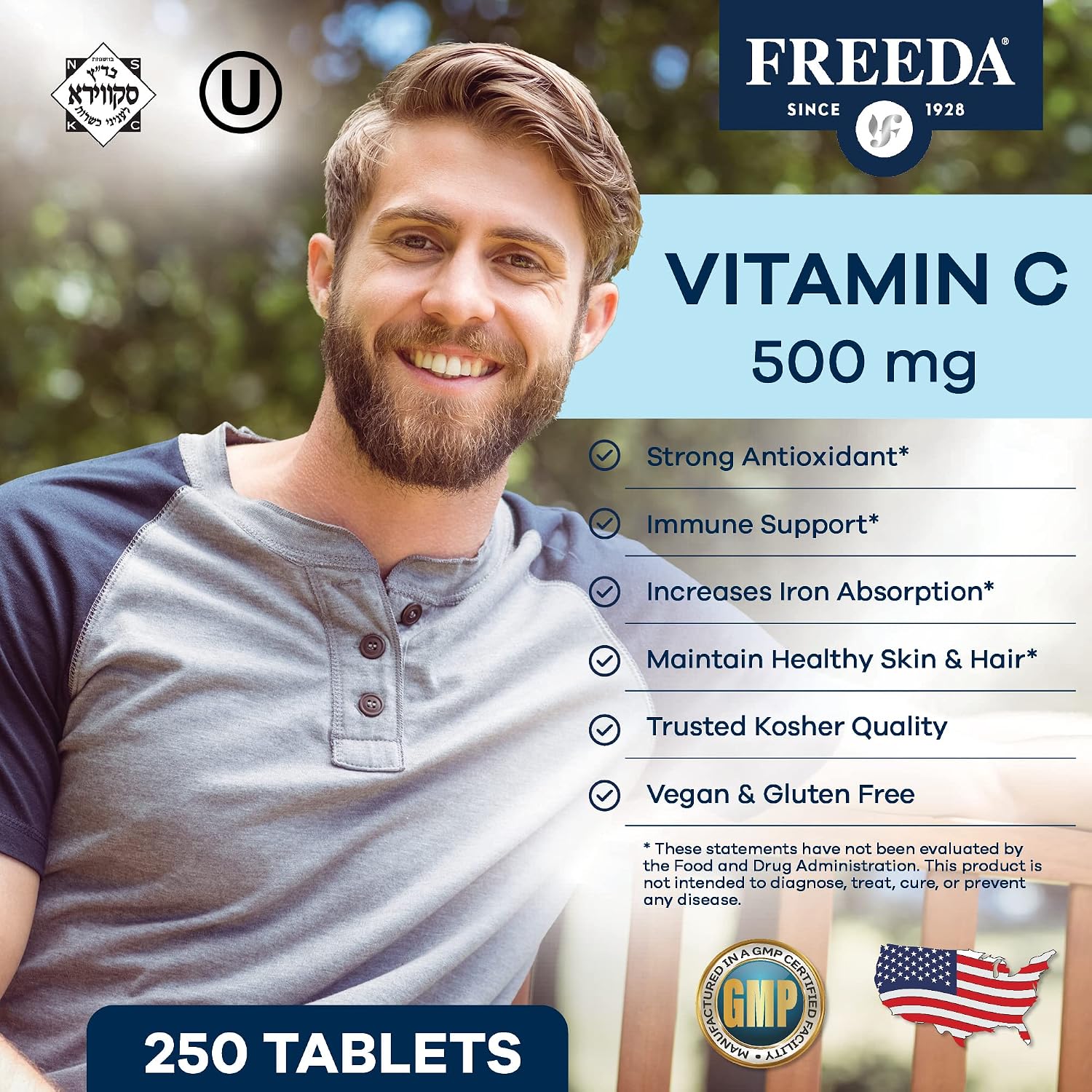 FREEDA Vegan Vitamin C 500mg - Kosher & Antioxidant Supplement - 250 Tablets