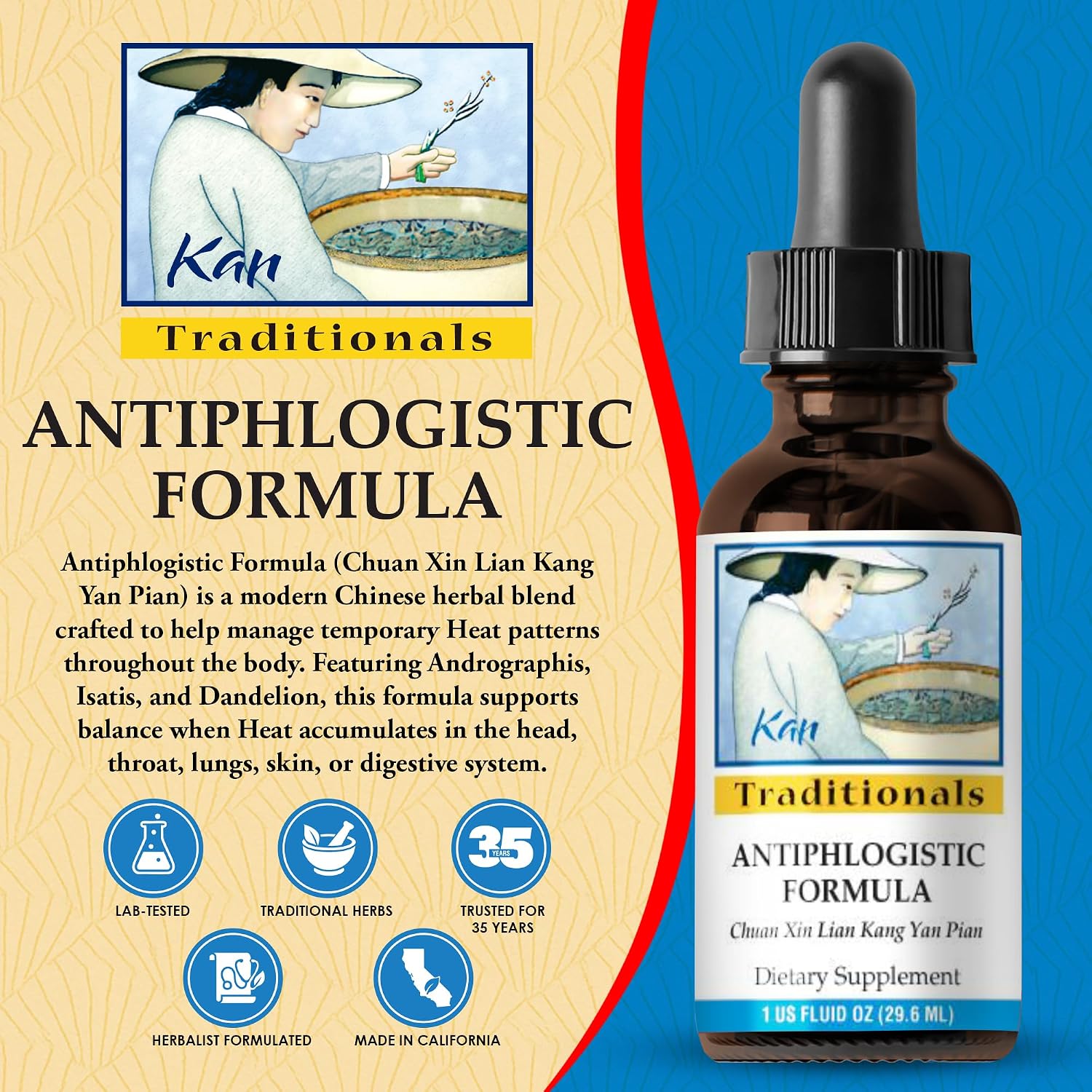 Kan Herbs Company Antiphlogistic Formula – Traditional Chinese Herbal Blend to Support Heat Balance Across Body Systems, Promote Lung and Digestive Comfort, Liquid Extract, 1 fl oz (30 mL)