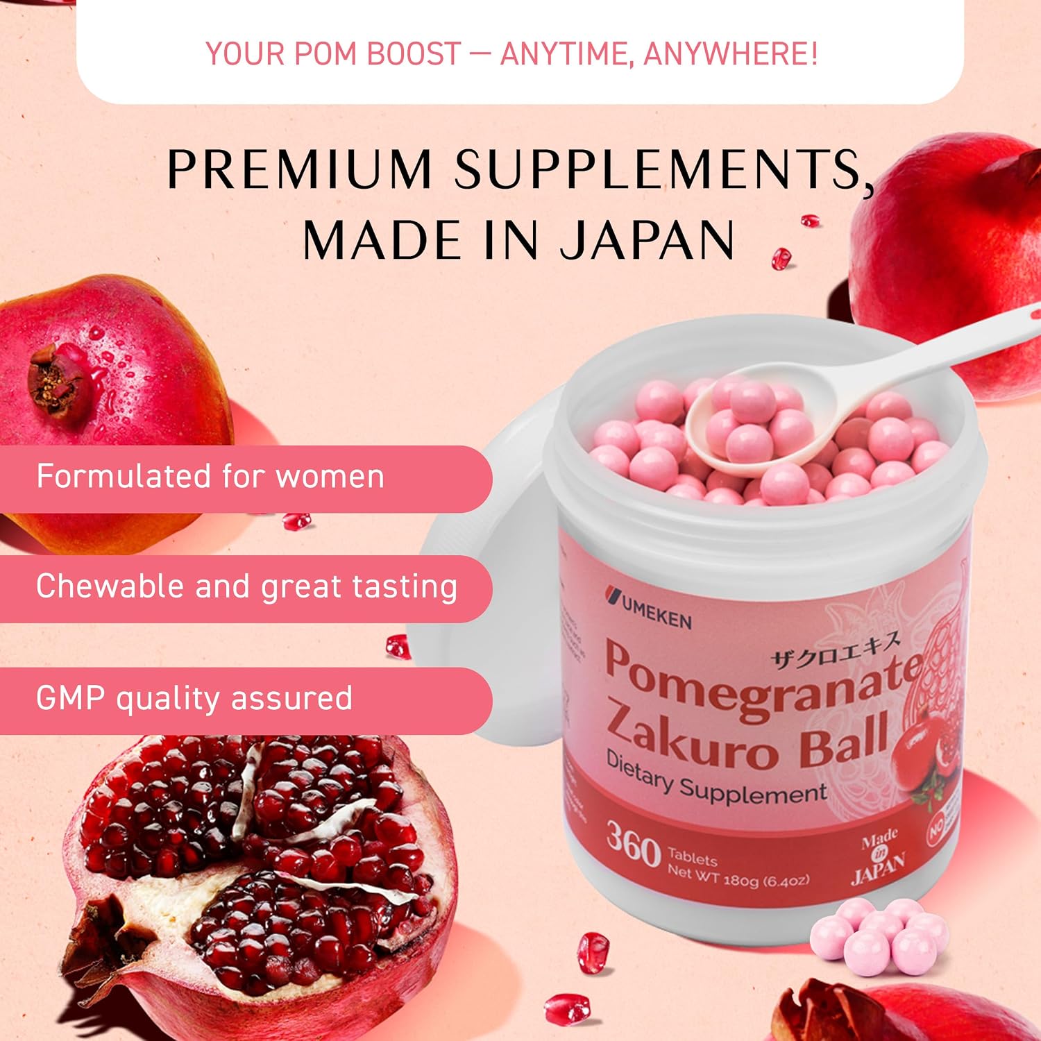 Umeken Pomegranate Balls - Chewable Supplement with Natural Vitamins, Minerals, and Antioxidants, 360 Count