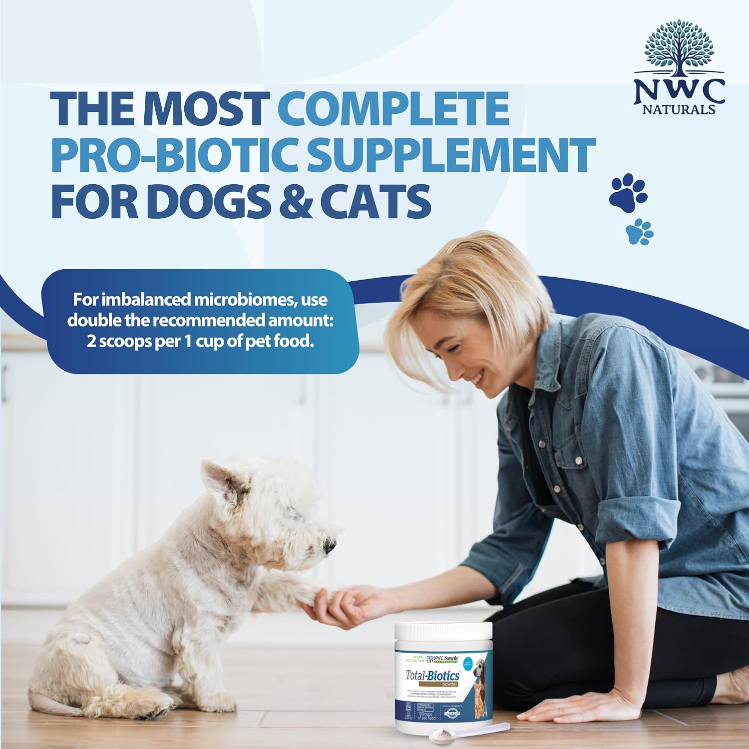 NWC Naturals Total-Biotics Probiotic for Dogs & Cats - Digestive Health Powder, Unflavoured, 100 Servings