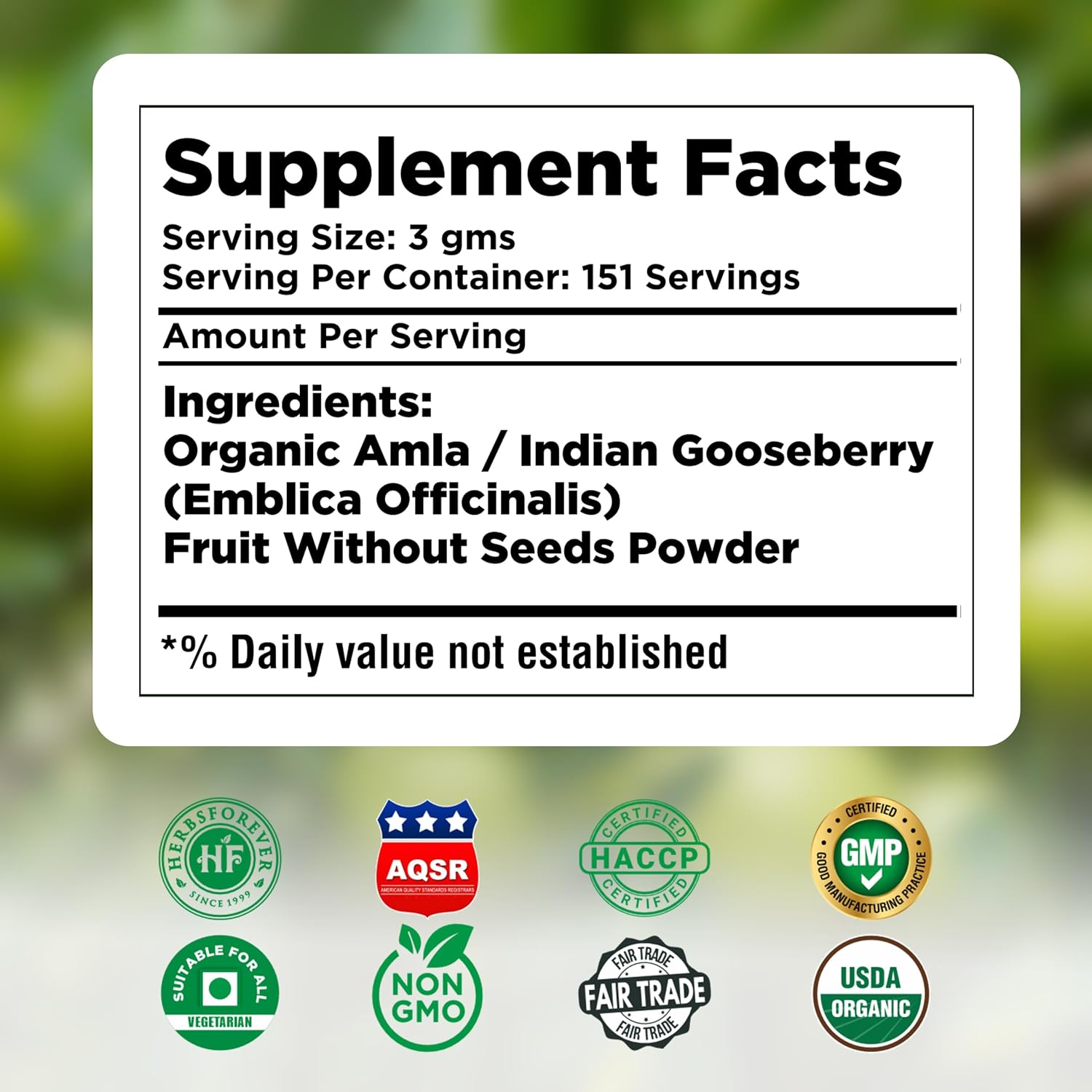 Herbsforever Amla Fruit Powder – Indian Gooseberry, Wild Harvested, Non-GMO, Vegan, Steam Sterilized, 2X Potency – 454 g (1 lb) – BPA Free