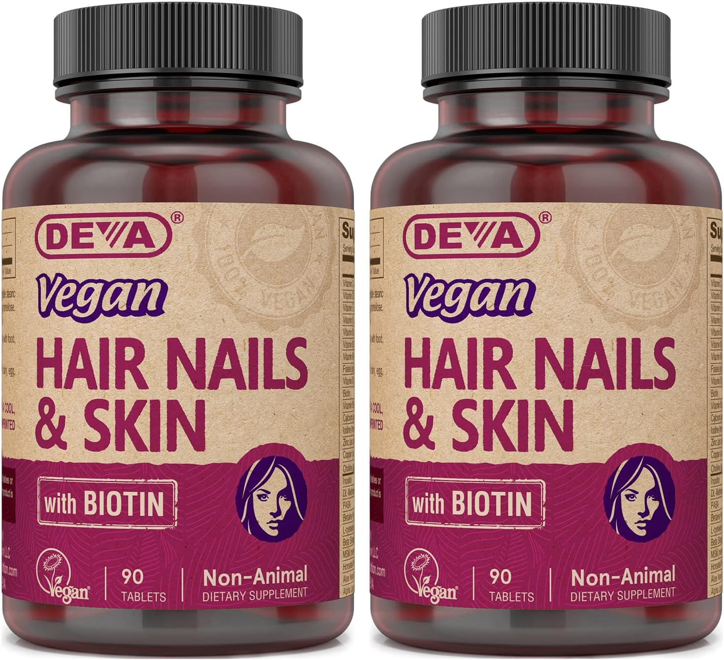 DEVA Vegan Vitamins Hair, Nails & Skin Supplement with 500 mcg Biotin, 90 Tablets (Pack of 2)