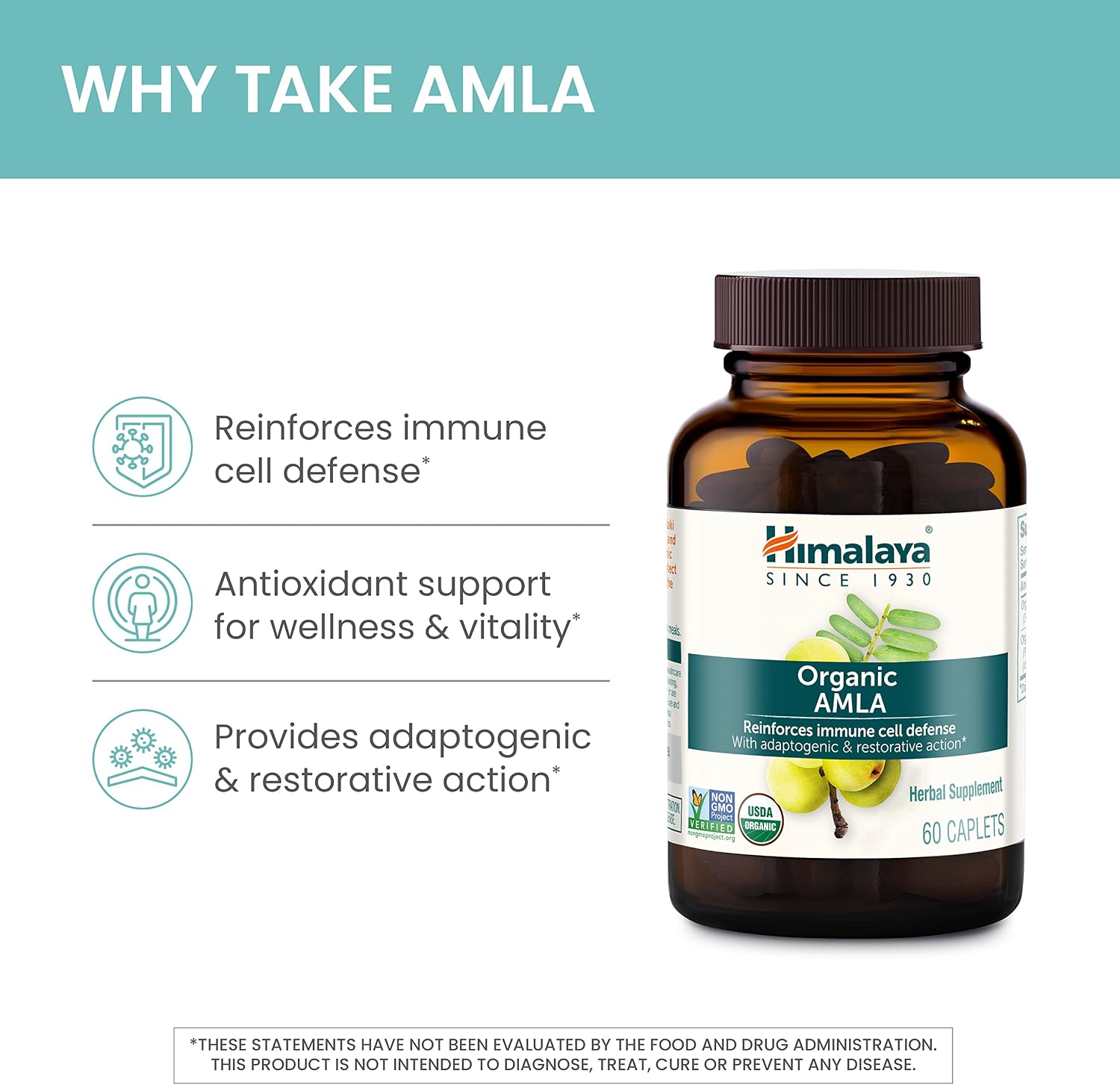 Himalaya Organic Amla – Herbal Immune Support, Adaptogen & Antioxidant – 600 mg, 60 Caplets