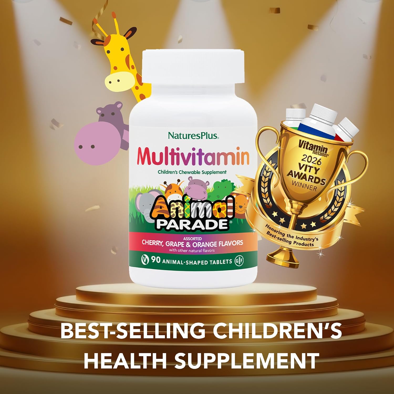NaturesPlus Animal Parade Children's Chewable Multivitamin - 180 Animal-Shaped Tablets - Natural Assorted Flavors