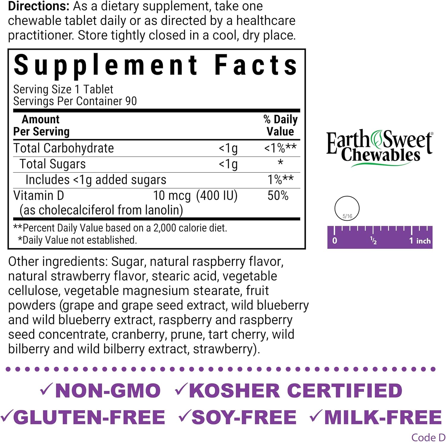 BlueBonnet Nutrition EarthSweet Vitamin D3 400 IU – Raspberry Chewable Tablets – 90 Count