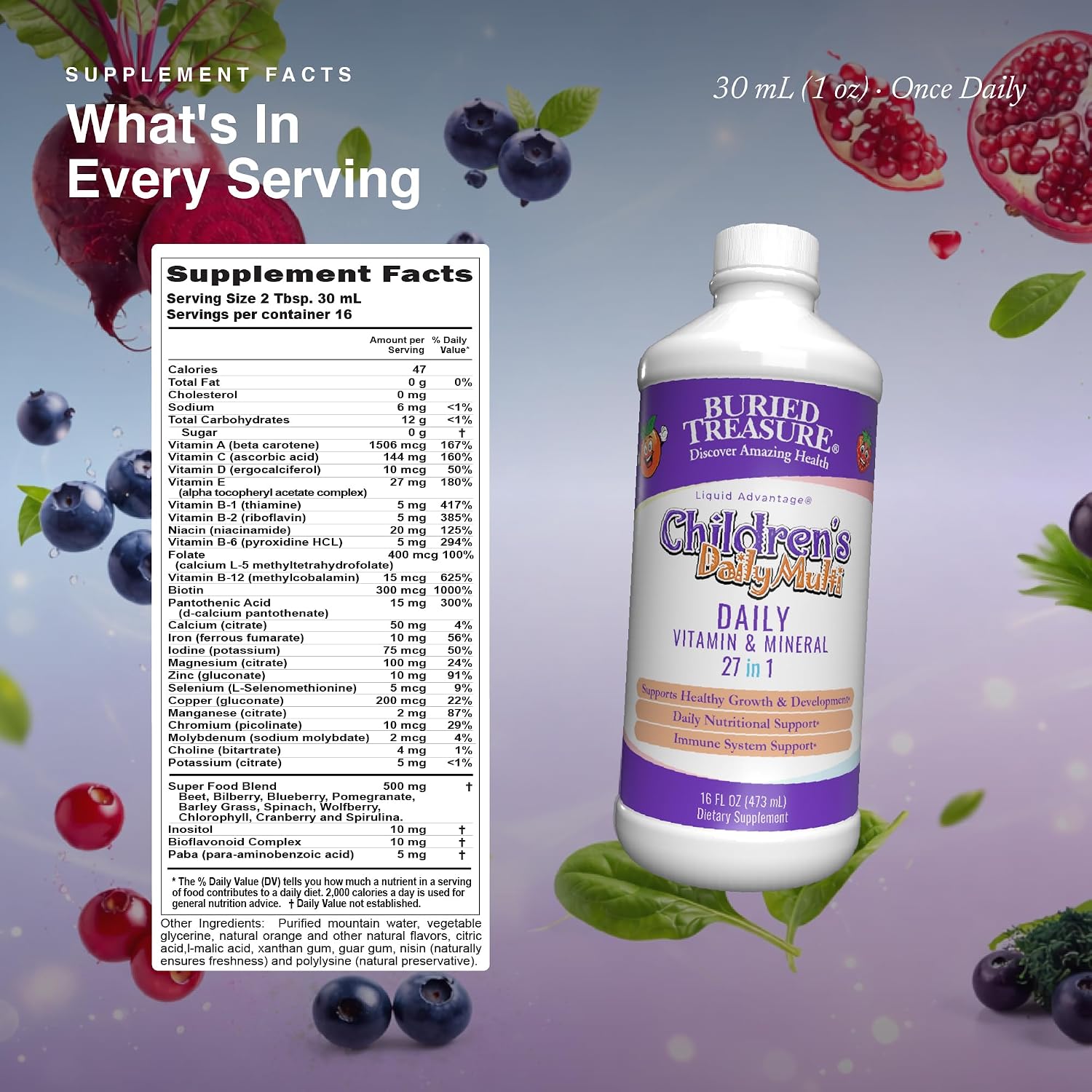 Buried Treasure Children’s Daily Liquid Multivitamin – 27 Vitamins & Minerals with SuperFood Blend – Sugar-Free, Vegan, Orange Mango Flavour, 473 mL