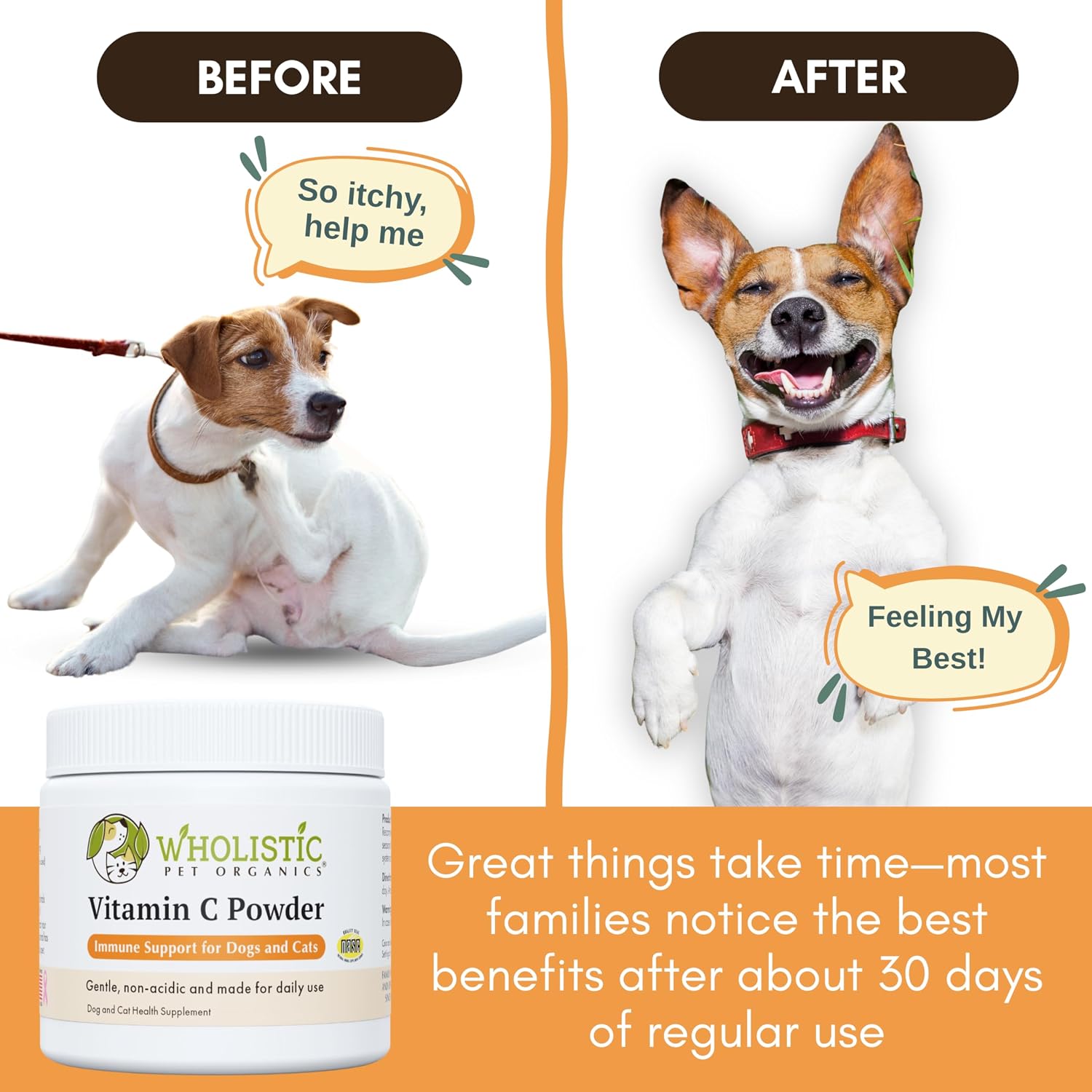 Wholistic Pet Organics Vitamin C Powder for Dogs & Cats - Allergy & Itch Relief - Immune Support - 113 g (4 oz)