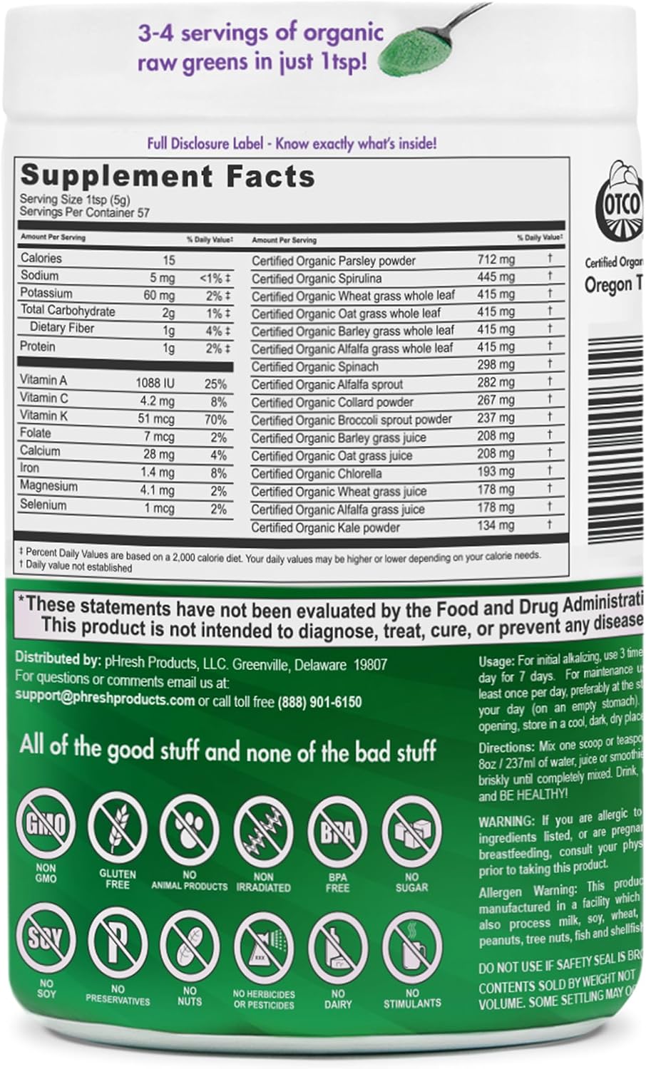 pHresh Greens Raw Alkalising Superfood Greens Powder - 2 Month Supply - Vegan, Kosher, Gluten Free