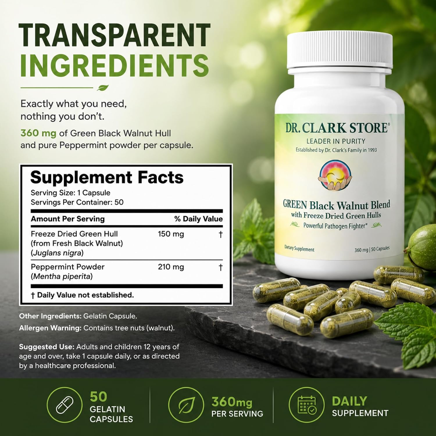 Dr Clark Store Green Black Walnut Blend – Freeze-Dried Hull with Peppermint, 360 mg, 50 Gelatin Capsules