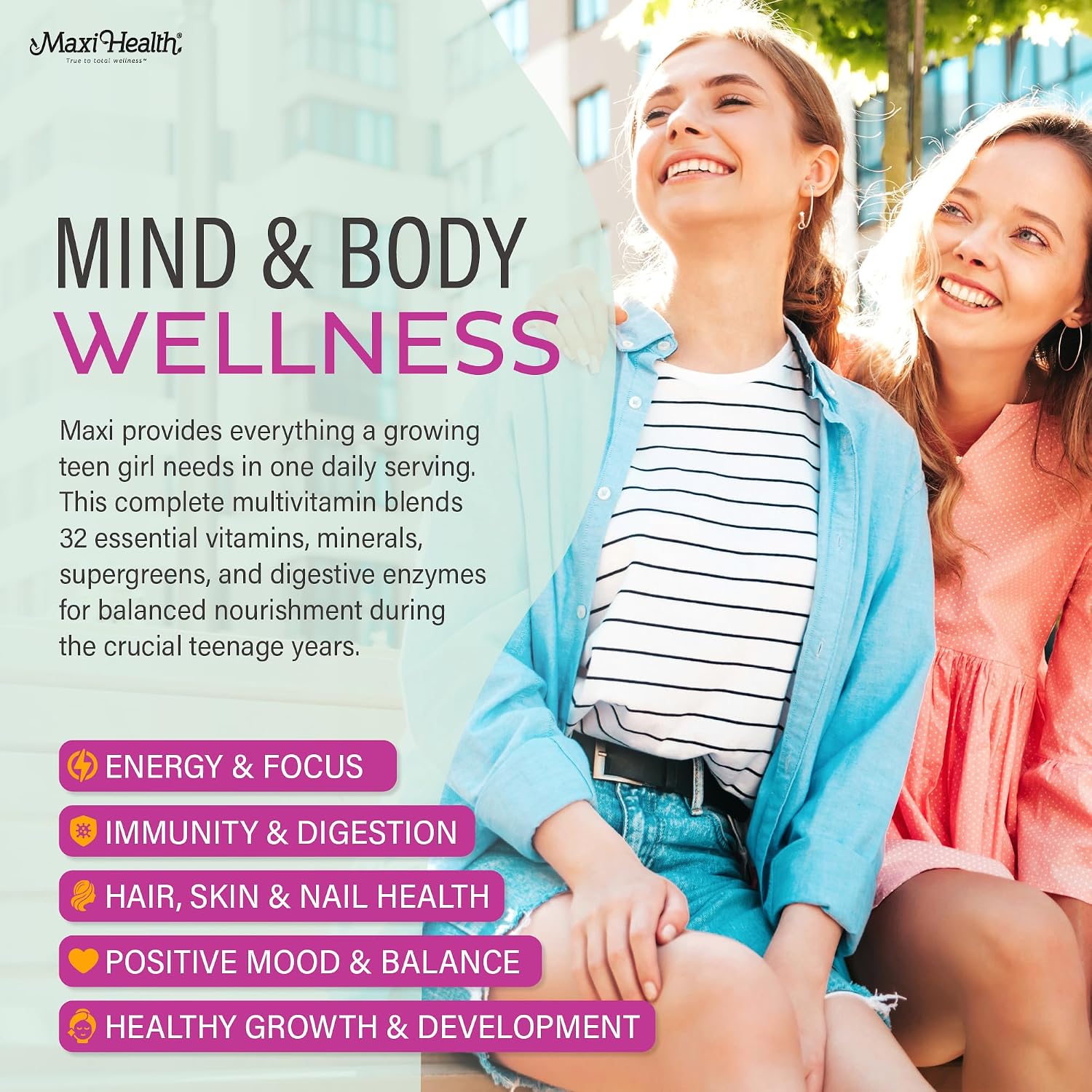 Maxi Health Teen Vitamins for Girls 12-17 – Teen Multivitamin with Vitamin D3, Iron, Calcium, Biotin, Zinc, Digestive Enzymes – 120 Tablets