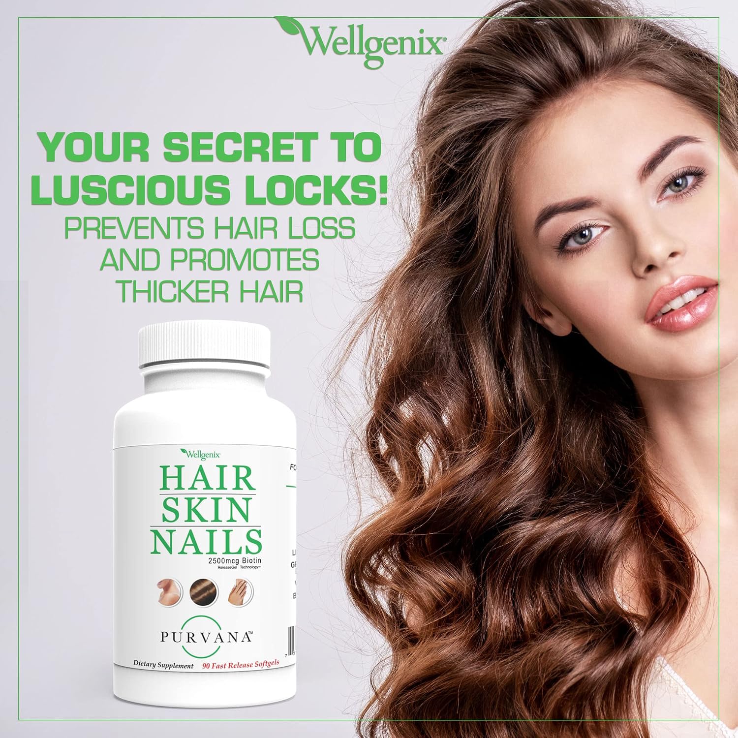 Wellgenix Purvana Hair, Skin and Nails Supplement – 2500mcg Biotin with MSM & B-Complex, 90 Softgels