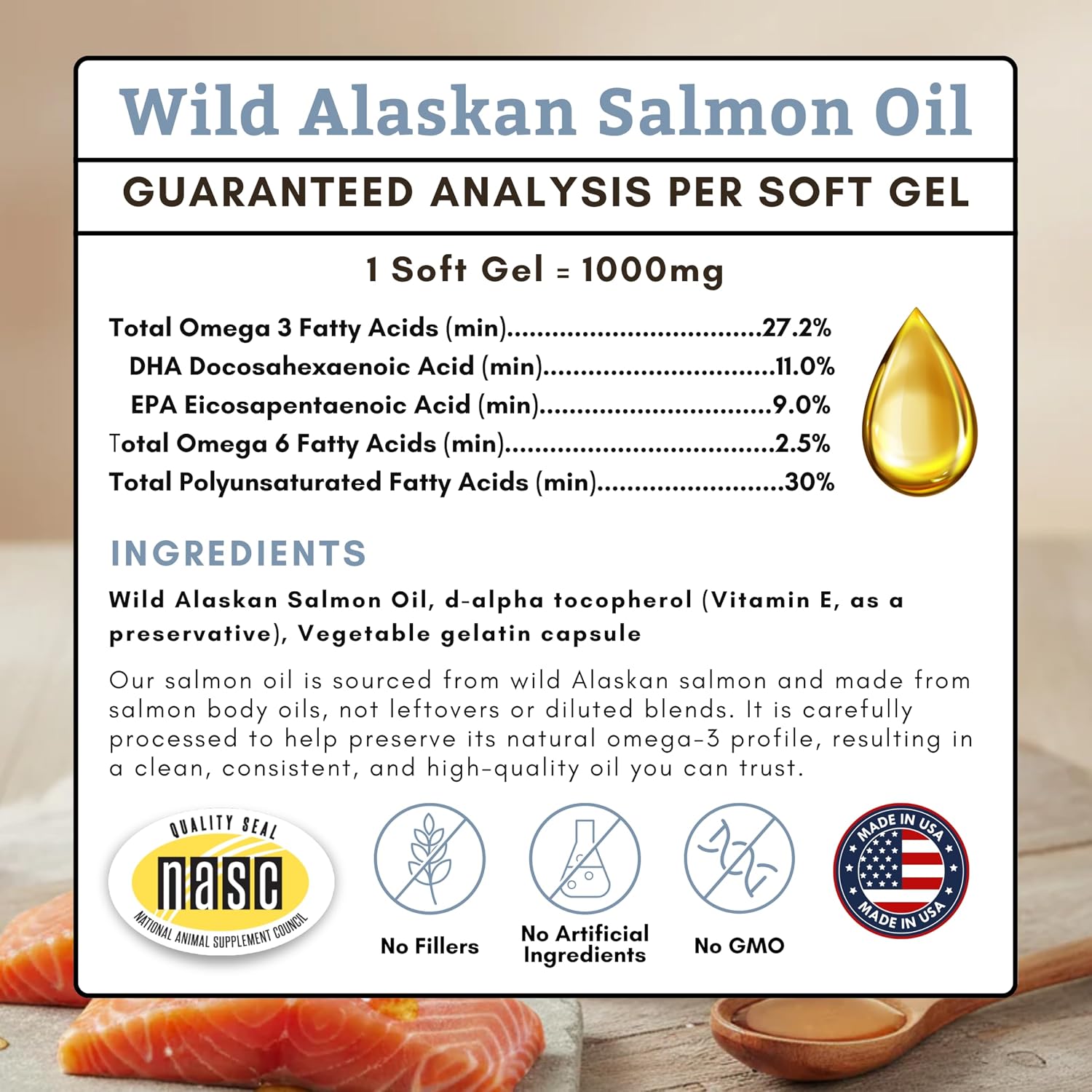 Wholistic Pet Organics Wild Alaskan Salmon Oil for Dogs - Omega-3 Fish Oil with EPA & DHA, 500 Softgels