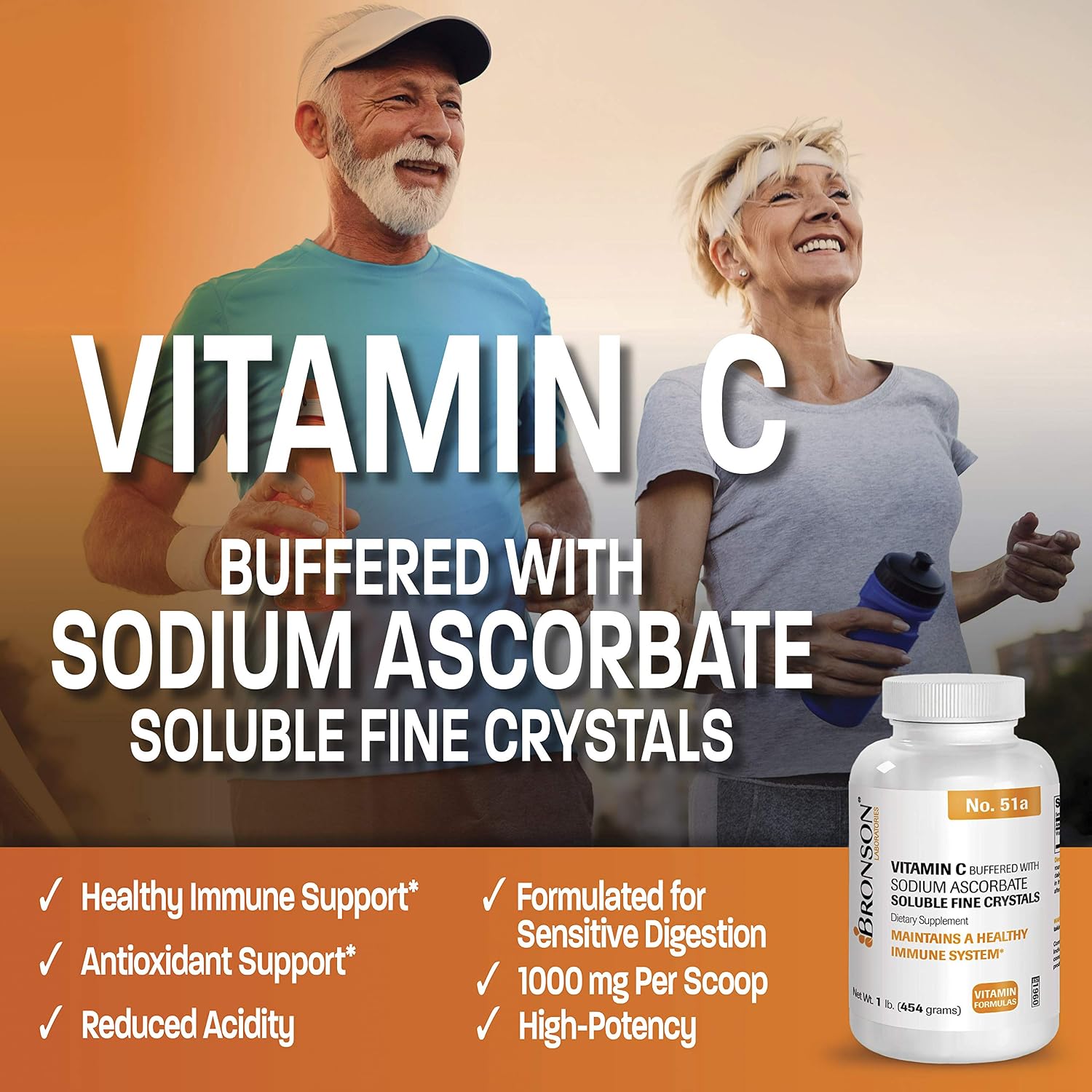 Bronson Buffered Vitamin C Powder – Ascorbic Acid with Sodium Ascorbate, 454 g