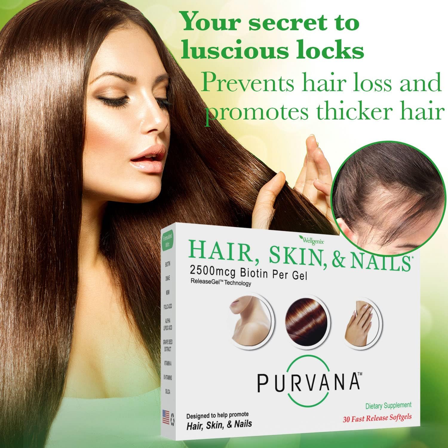 Wellgenix Purvana Hair, Skin, and Nails Supplement - 2500 mcg Biotin Softgels with MSM & B-Complex (60 Softgels, 2-Pack)