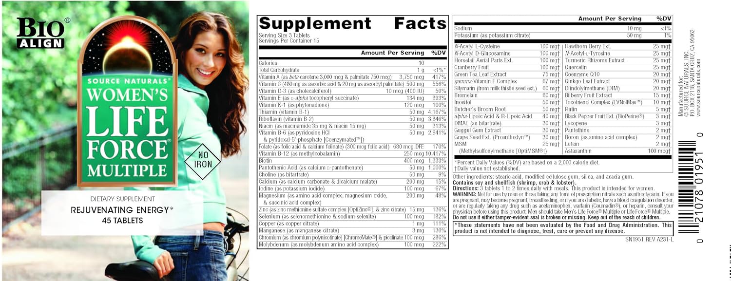 Source Naturals Women's Life Force Multiple Iron Free – Daily Multivitamin with 13 Vitamins and Minerals – 45 Tablets