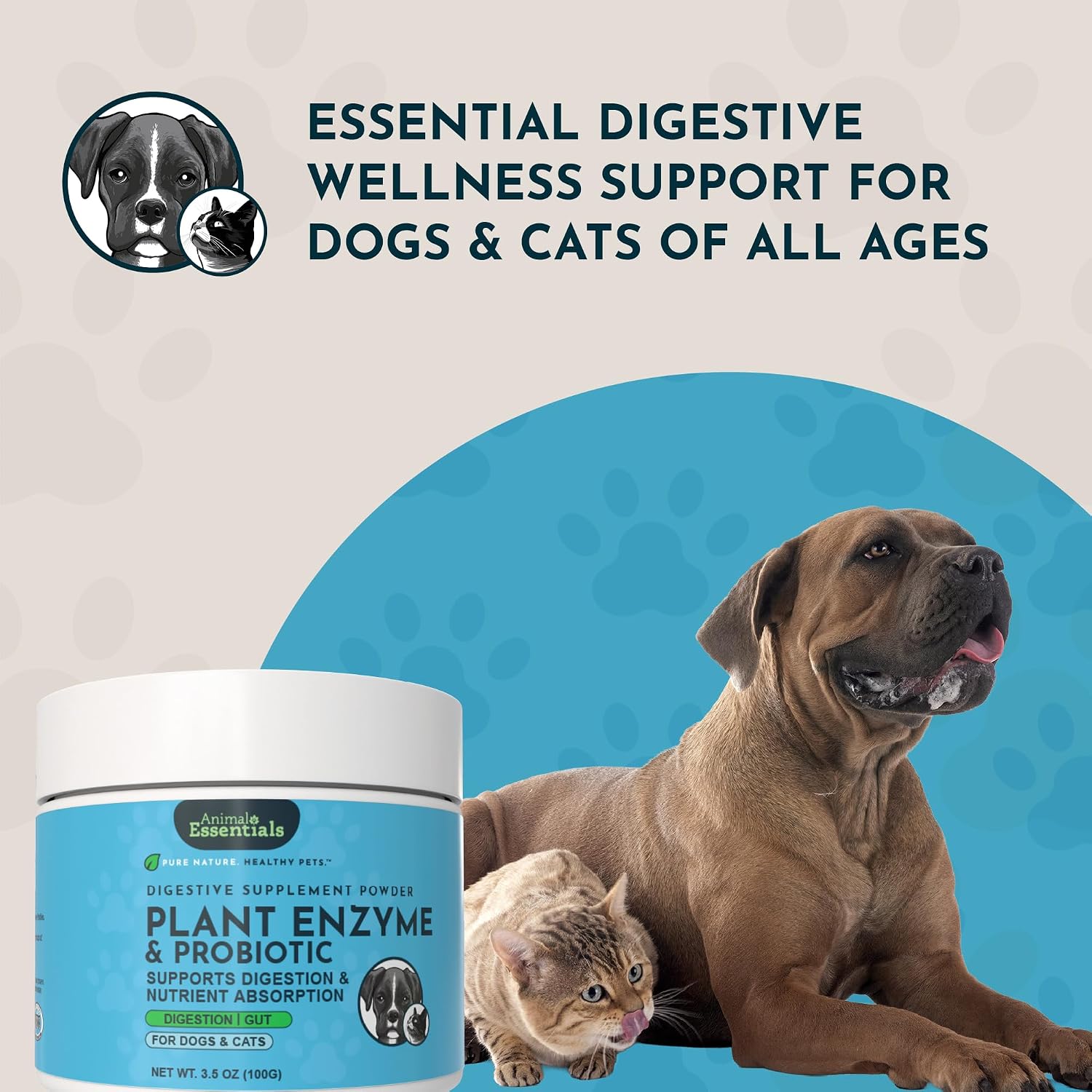 Animal Essentials Plant Enzyme & Probiotics - Probiotics & Digestive Enzymes for Dogs & Cats, Natural Daily Gut & Digestion Support Supplement, Plant Based - 99 g