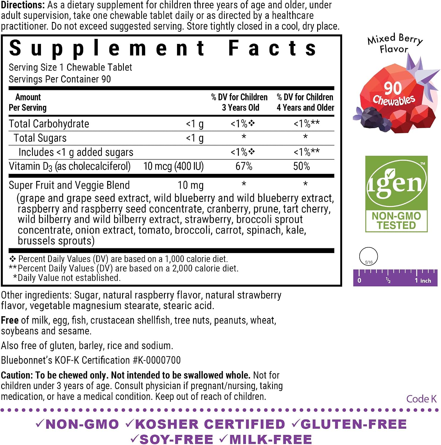 Bluebonnet Nutrition Rainforest Animalz Vitamin D3 400 IU Chewable Tablets, Natural Mixed Berry Flavour, 90 Count