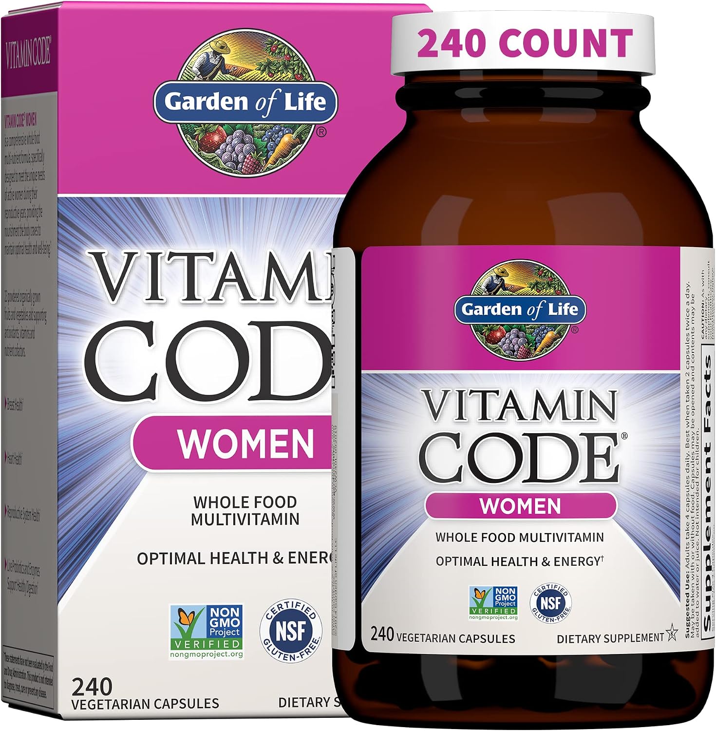 Garden of Life Vitamin Code Women's Multivitamin with Iron and Folate – Whole Food Women's Vitamins with Probiotics, Digestive Enzymes, Immune Support, Non-GMO, Gluten-Free, Kosher, 240 Capsules