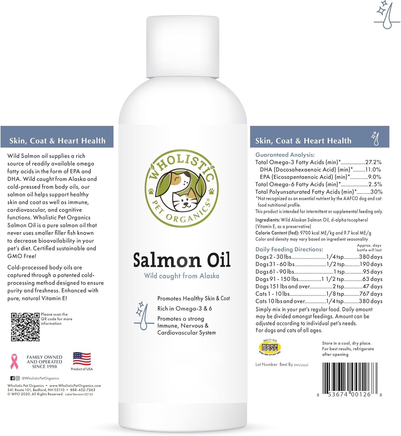 Wholistic Pet Organics Wild Alaskan Salmon Oil for Dogs and Cats - Omega-3 Fish Oil Supplement - 237 mL