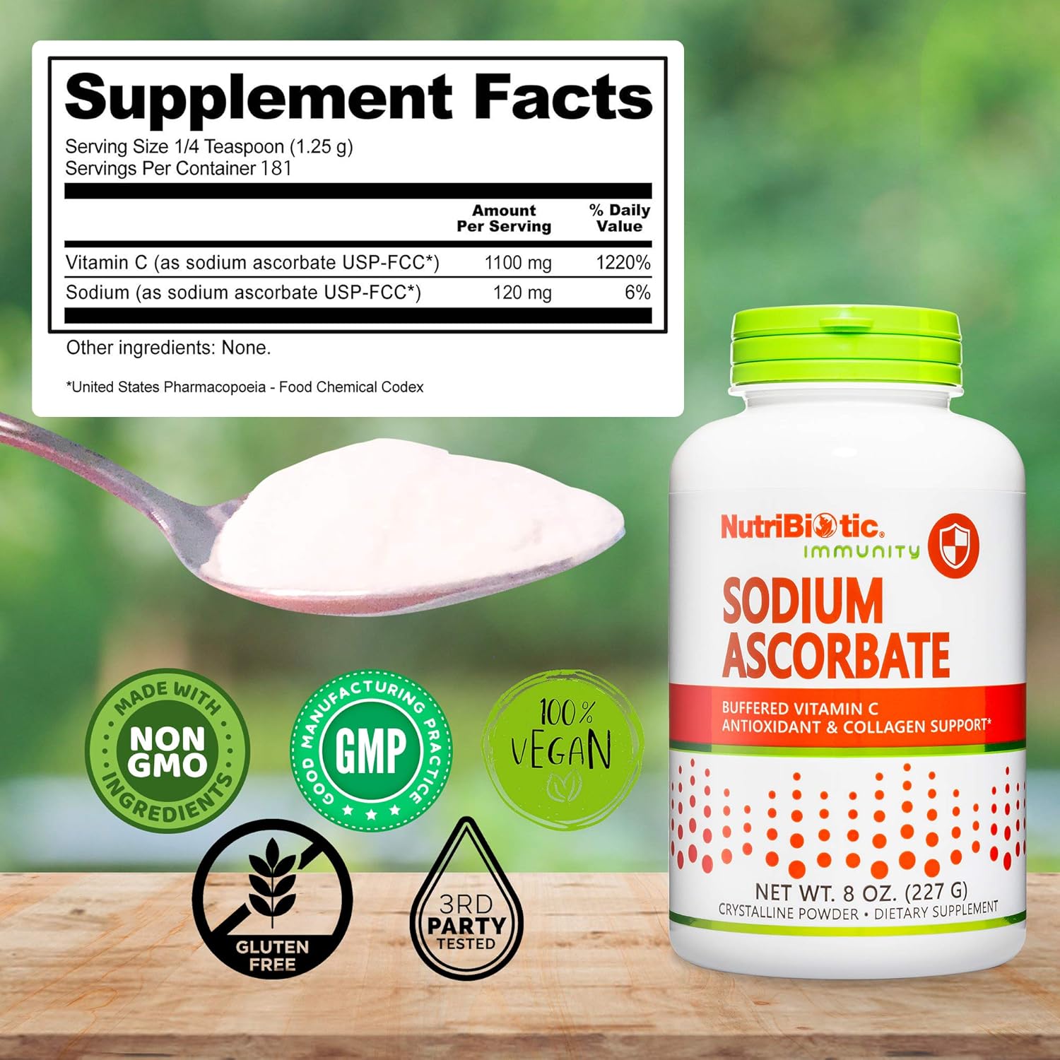 NutriBiotic Sodium Ascorbate Buffered Vitamin C Powder - Vegan, Non-GMO, Gluten Free, 8 oz (227 g)