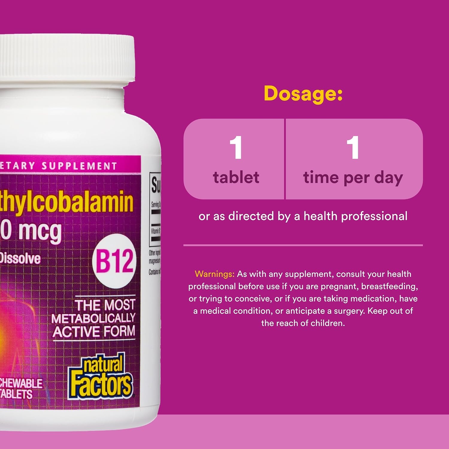 Natural Factors Vitamin B12 Methylcobalamin 1000 mcg Chewable Tablets – Support for Energy Metabolism, Immune Function, and Brain Health – 90 Count