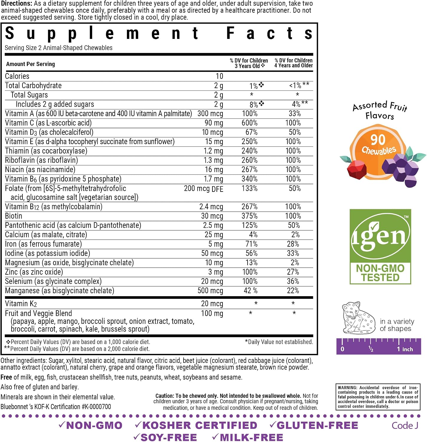 Bluebonnet Nutrition Rainforest Animalz Whole Food Based Multiple Chewable Tablets, Kids Multivitamin & Mineral, 90 Count