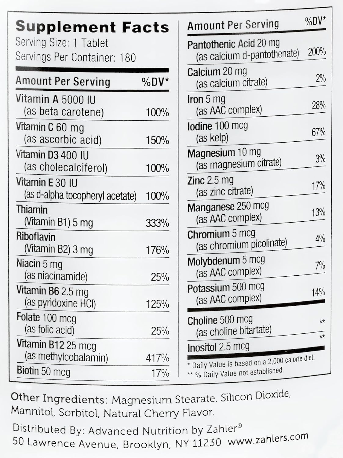 Zahler Junior Multi™ – Complete Once-Daily Multi-Vitamin for Children, Natural Cherry Flavour, 180 Chewable Tablets