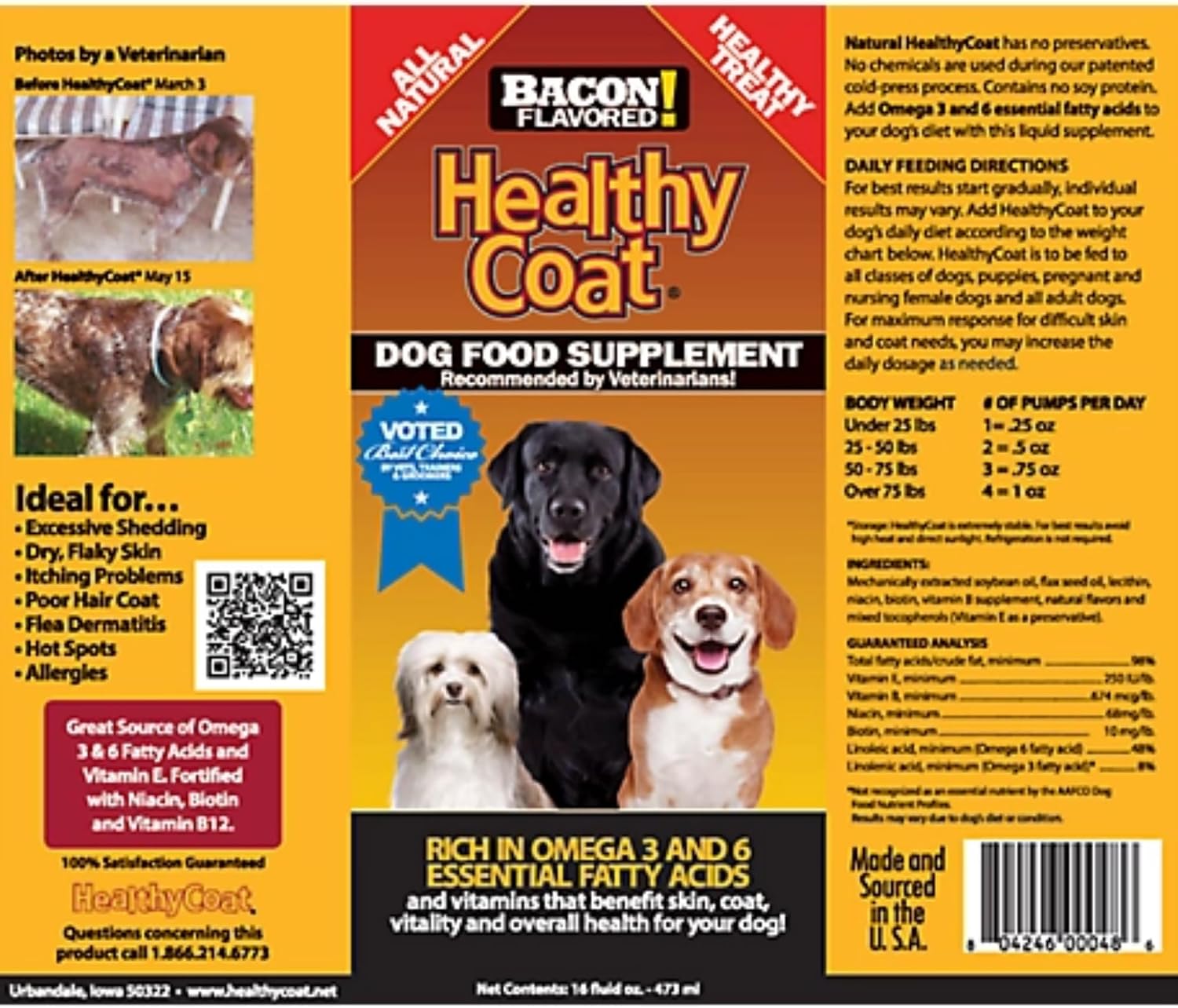 HealthyCoat Dog Food Supplement – Omega 3 & 6 Fatty Acids, Bacon Flavour, Gallon (3.78 L)