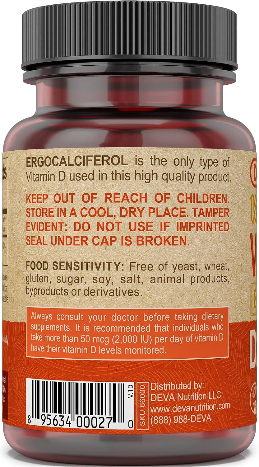 DEVA Vegan Vitamin D2 800 IU, Ergocalciferol Supplement with No Animal Ingredients, 90 Tablets