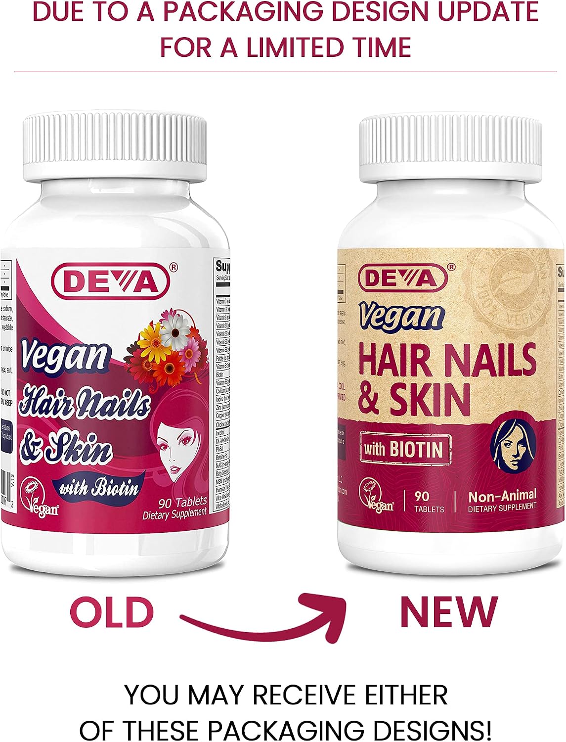 Deva Vegan Vitamins Hair, Nails & Skin Supplement with 500 mcg Biotin - 90 Tablets