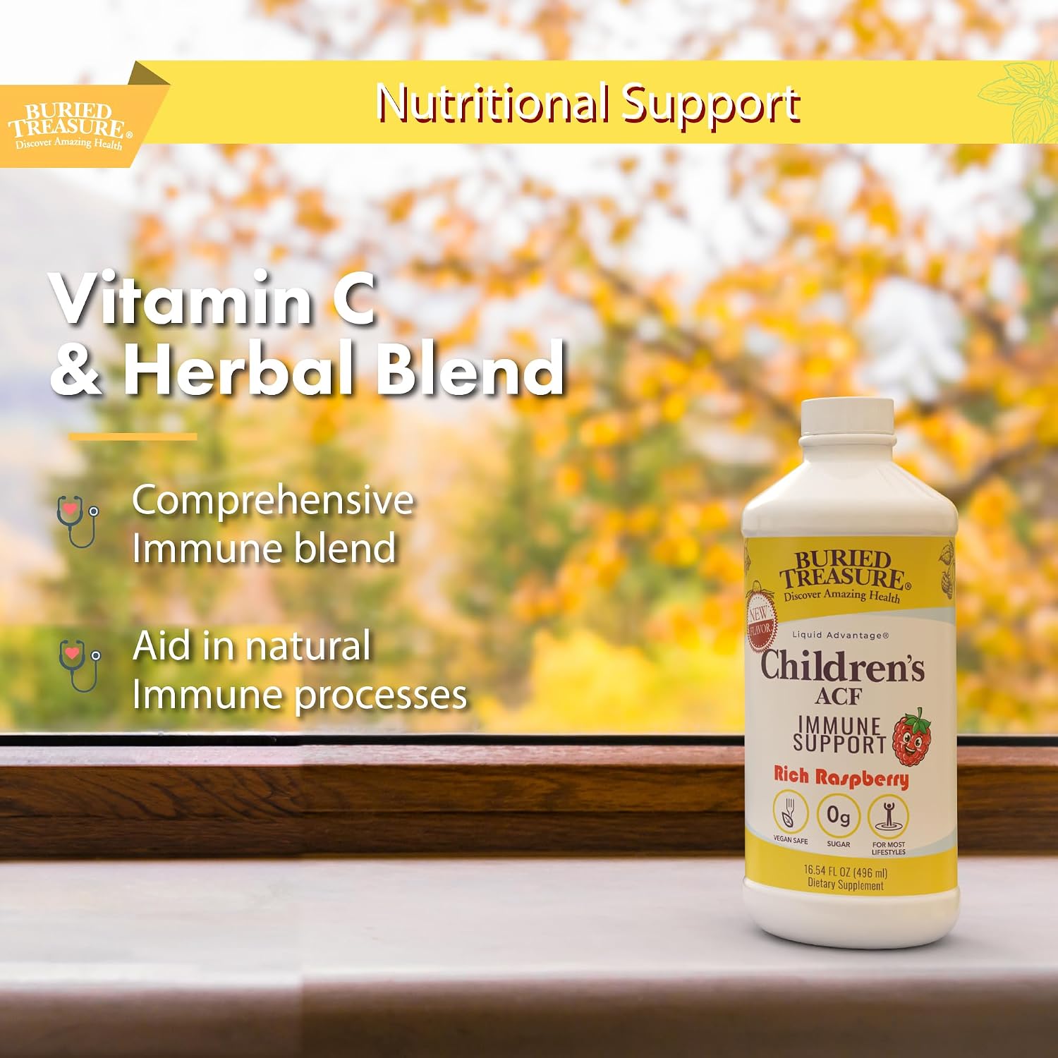 Buried Treasure Children's ACF Liquid Immune Support - Elderberry & Echinacea - Raspberry - Sugar-Free - 16 oz