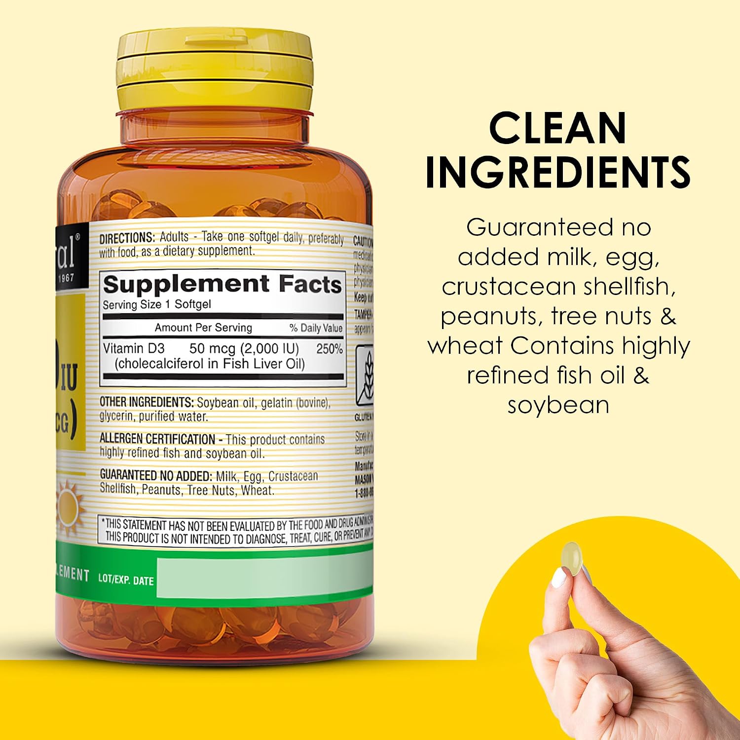 MASON NATURAL Vitamin D3 2,000 IU High Potency, Supports Bone Density & Immune Health, 300 Softgels