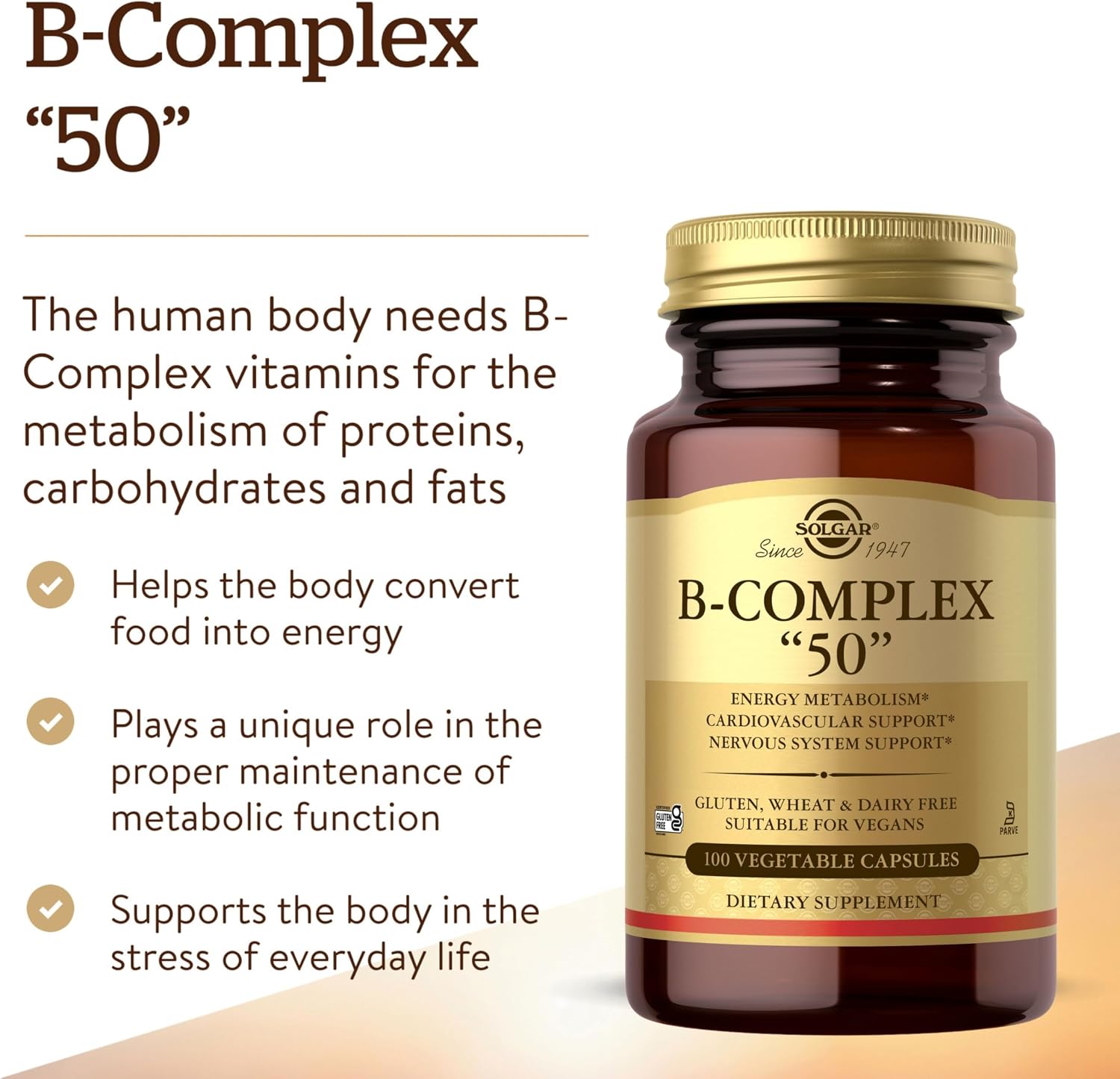 Solgar B-Complex 50, 100 Vegetable Capsules - Energy Metabolism, Nervous System & Cardiovascular Support