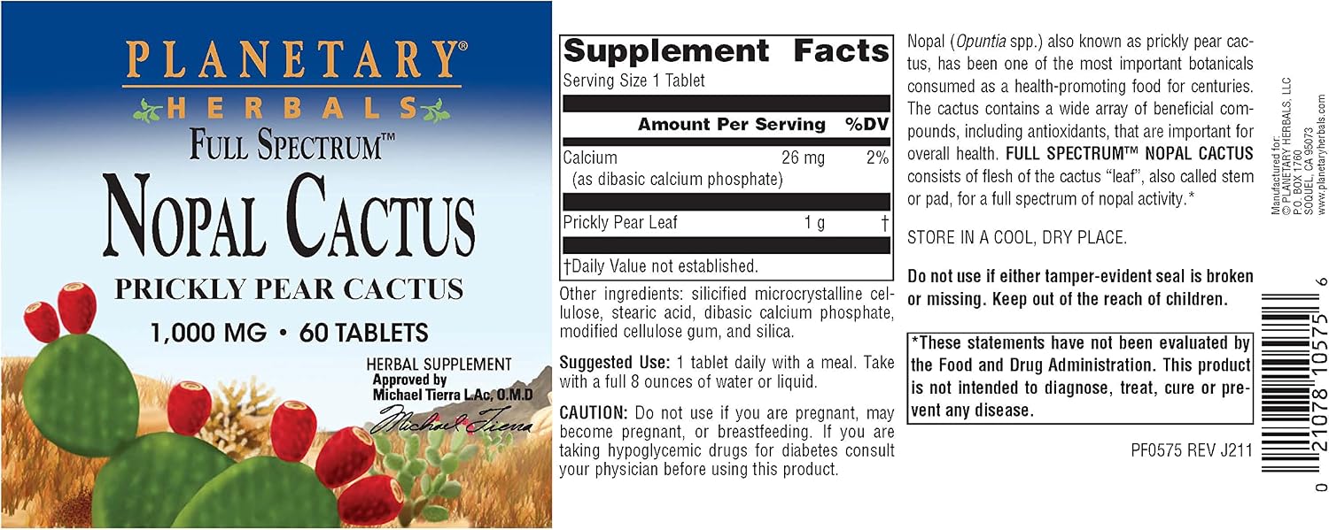 Planetary Herbals Full Spectrum Nopal Cactus 1000 mg Prickly Pear Cactus Antioxidant – 100 % Natural – 60 Tablets