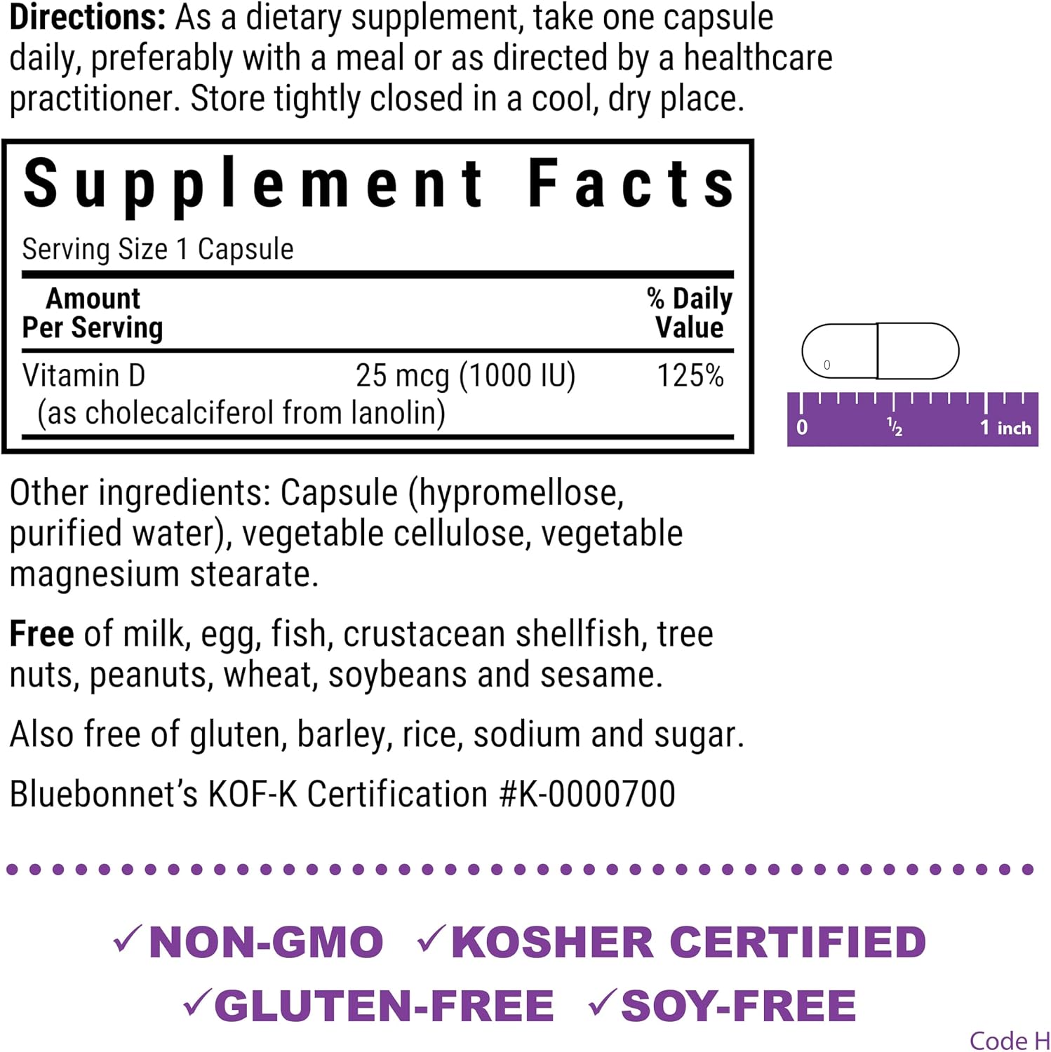 Bluebonnet Vitamin D3 1000 IU (25 mcg) – 180 Vegetarian Capsules – Bone and Immune Health