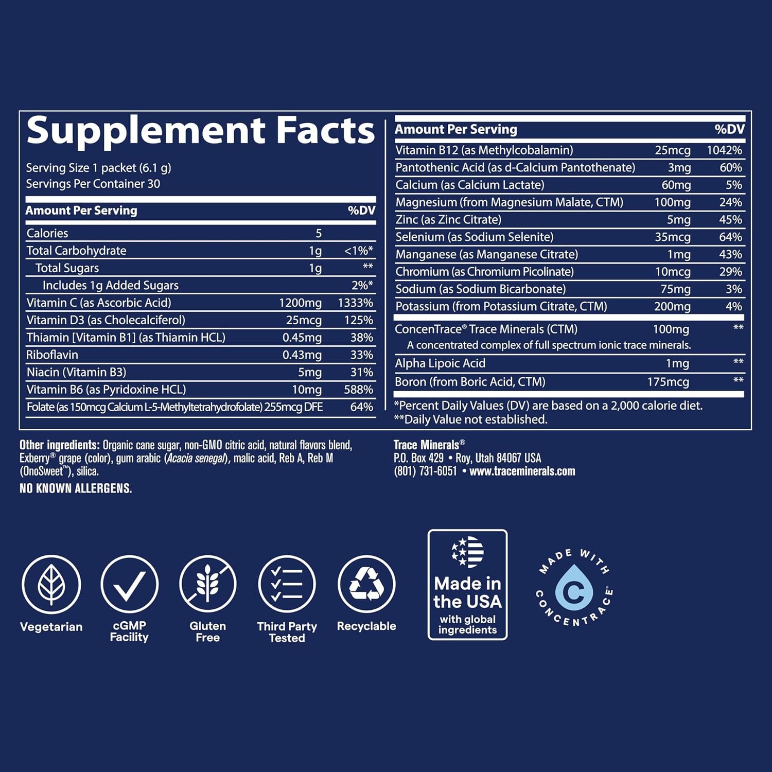 Trace Minerals Power Pak Electrolyte Powder Packets – Concord Grape – 30 Packets