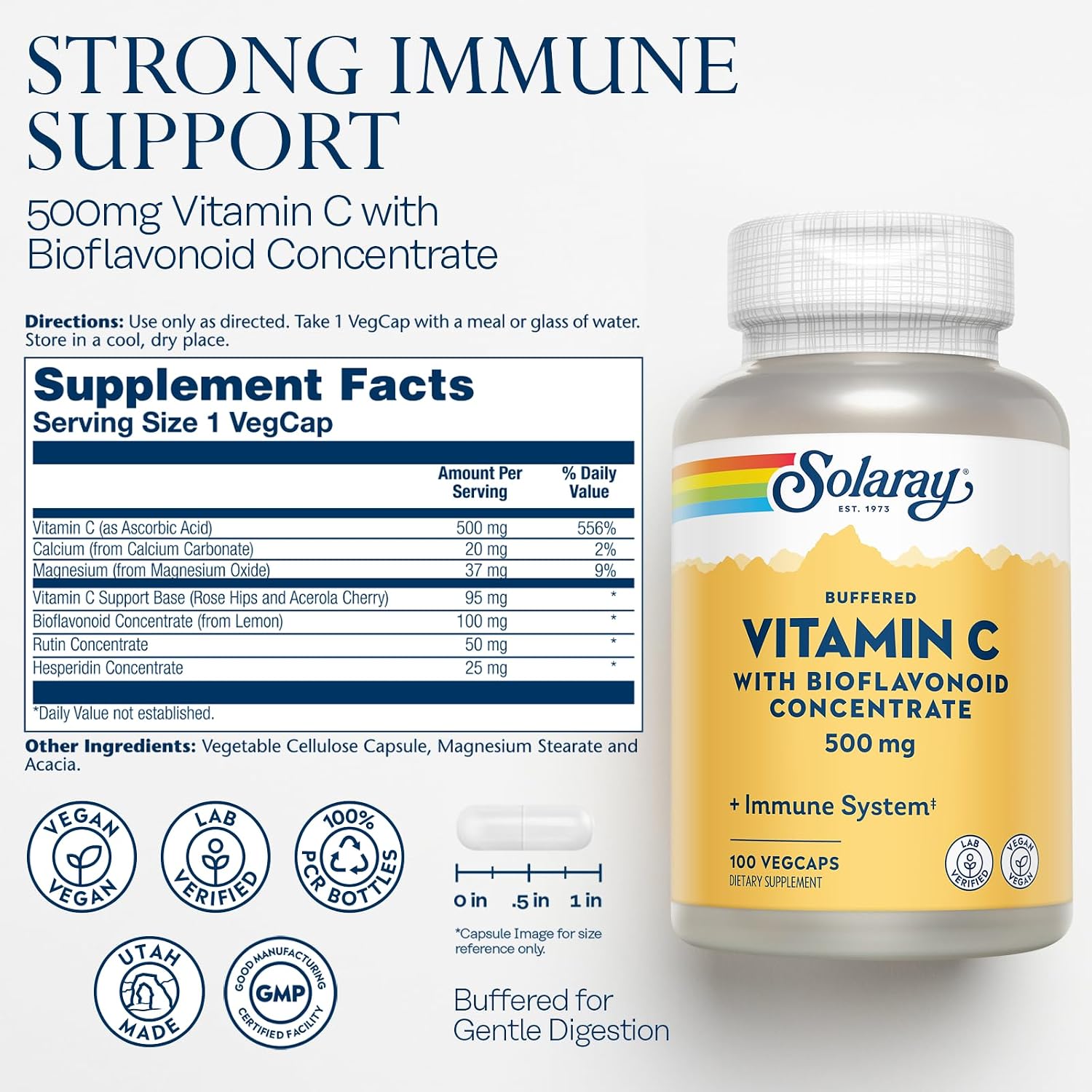 SOLARAY Buffered Vitamin C 500 mg with Bioflavonoids, Rose Hips & Acerola Cherry - Immune Support Supplement - Easy to Digest, Vegan, Lab Verified - 100 VegCaps