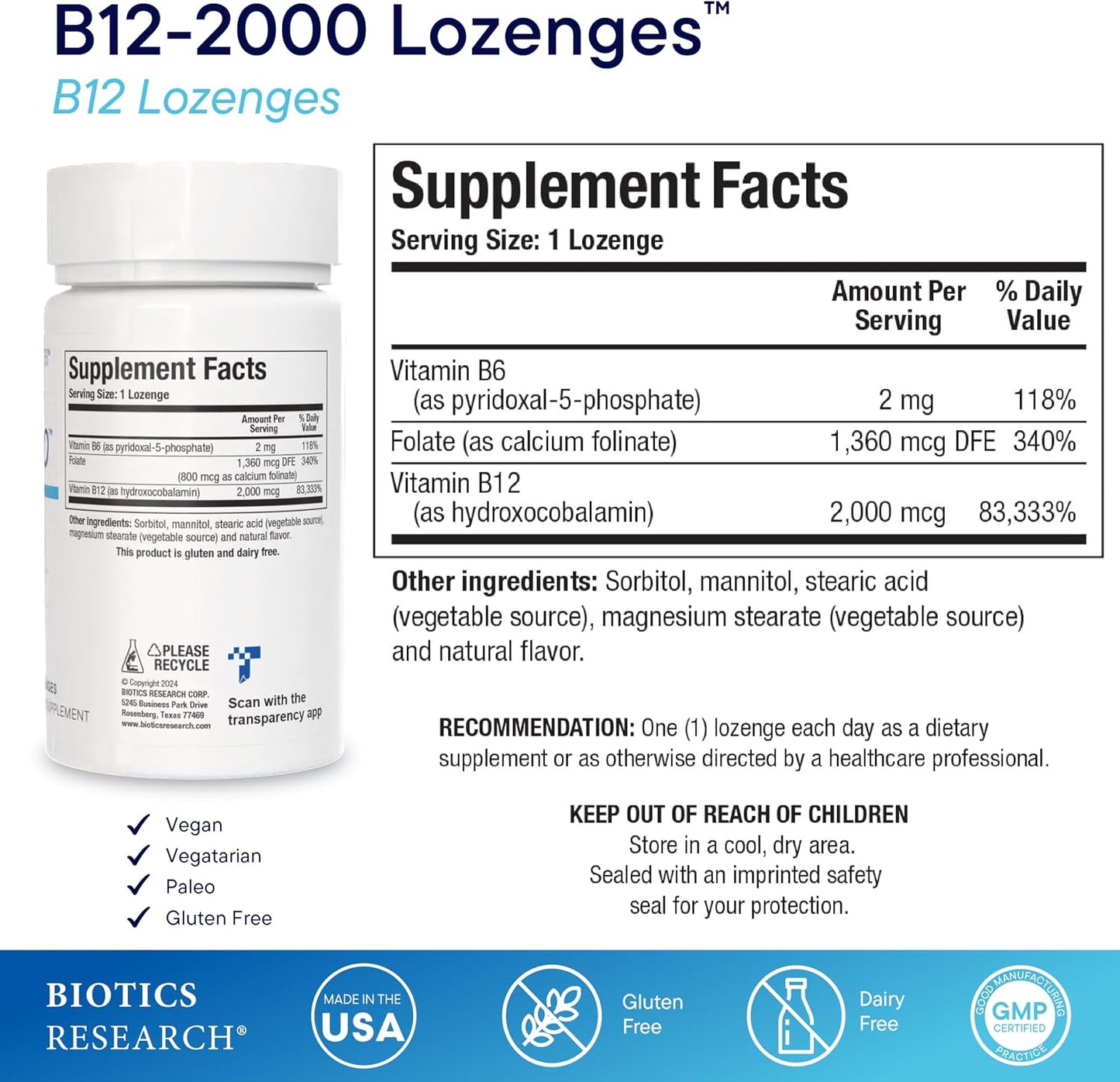 Biotics Research B12-2000 Vitamin B12 2000 mcg, B6, Folate Sublingual Lozenges - Berry Flavour, 60 Count - görsel 2