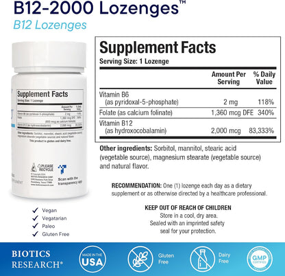 Biotics Research B12-2000 Vitamin B12 2000 mcg, B6, Folate Sublingual Lozenges - Berry Flavour, 60 Count